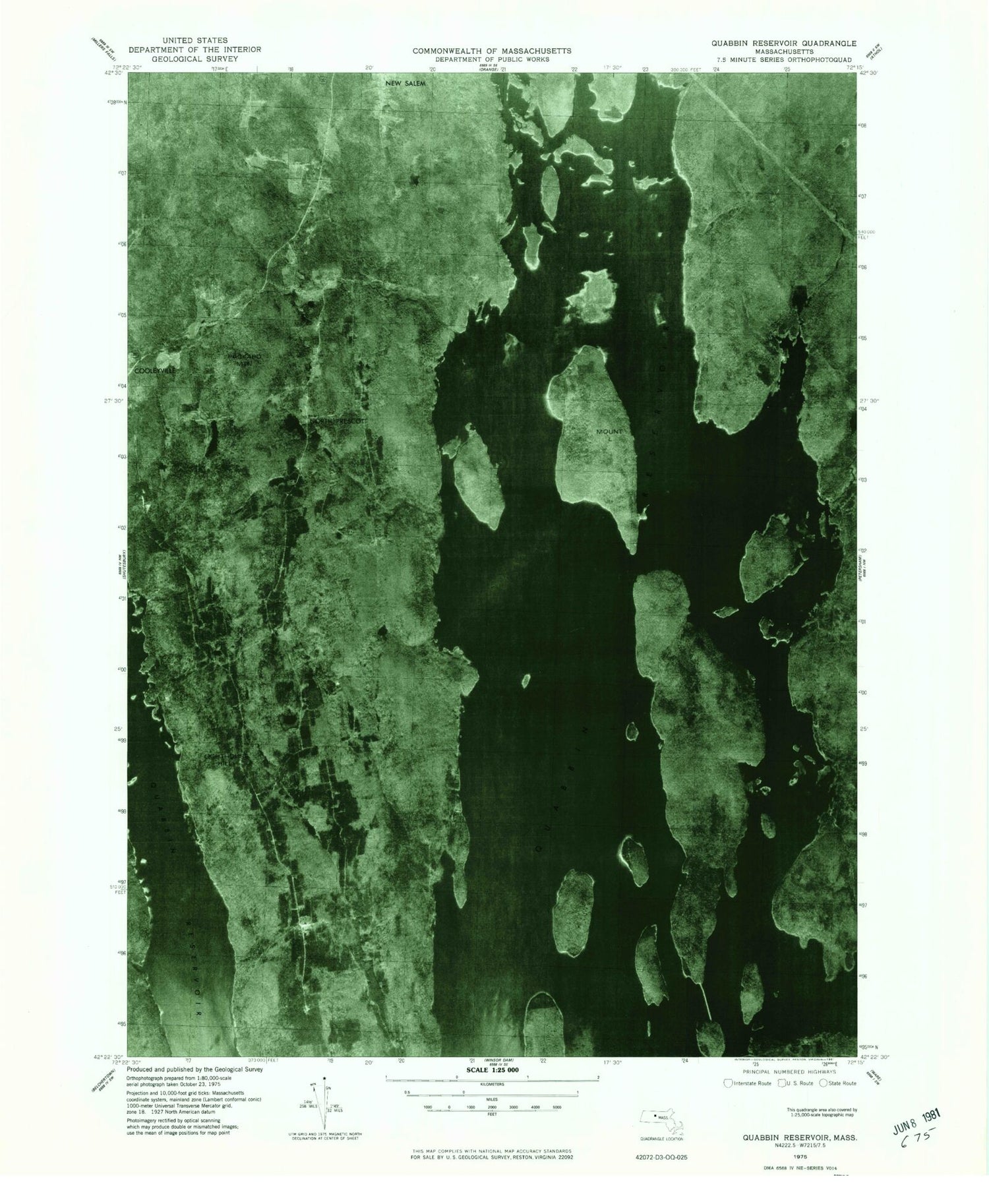 Classic USGS Quabbin Reservoir Massachusetts 7.5'x7.5' Topo Map Image