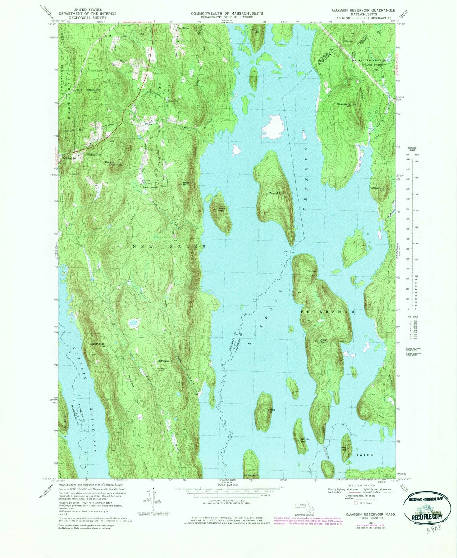 Classic USGS Quabbin Reservoir Massachusetts 7.5'x7.5' Topo Map Image