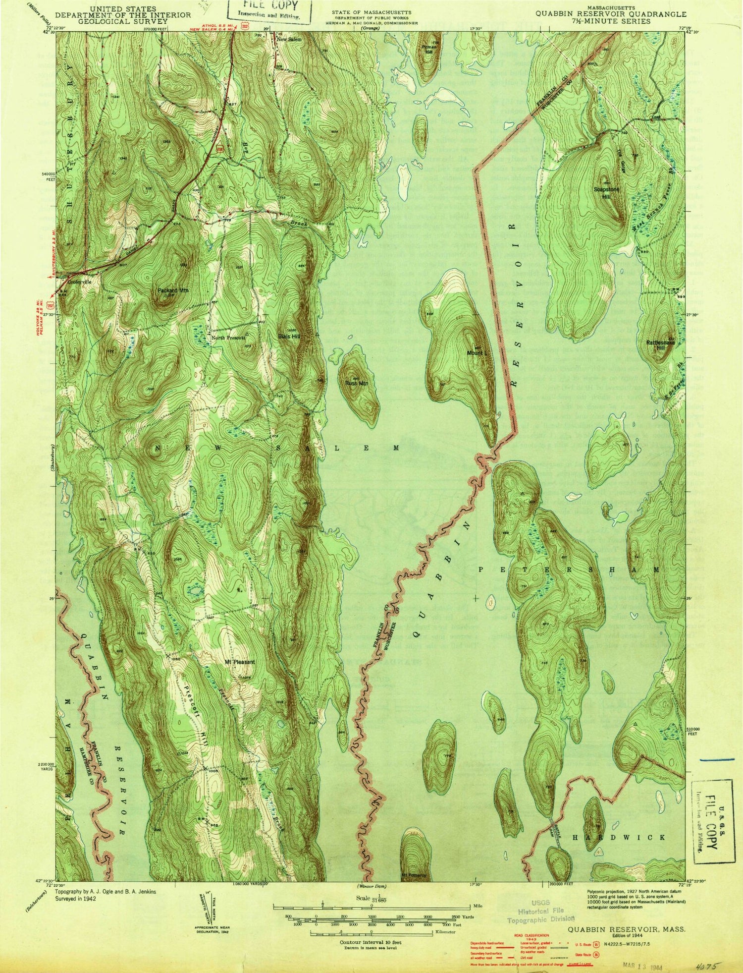Classic USGS Quabbin Reservoir Massachusetts 7.5'x7.5' Topo Map Image