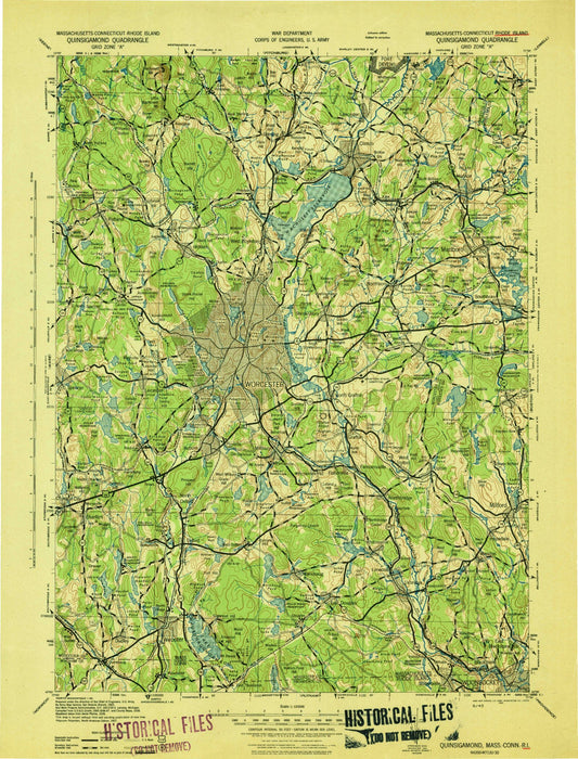 Historic 1943 Quinsicamond Massachusetts 30'x30' Topo Map Image