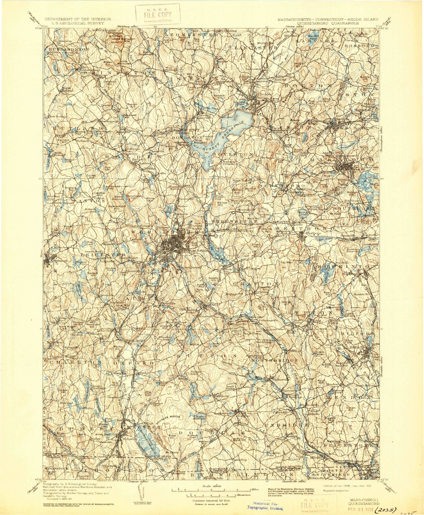 Historic 1908 Quinsicamond Massachusetts 30'x30' Topo Map Image