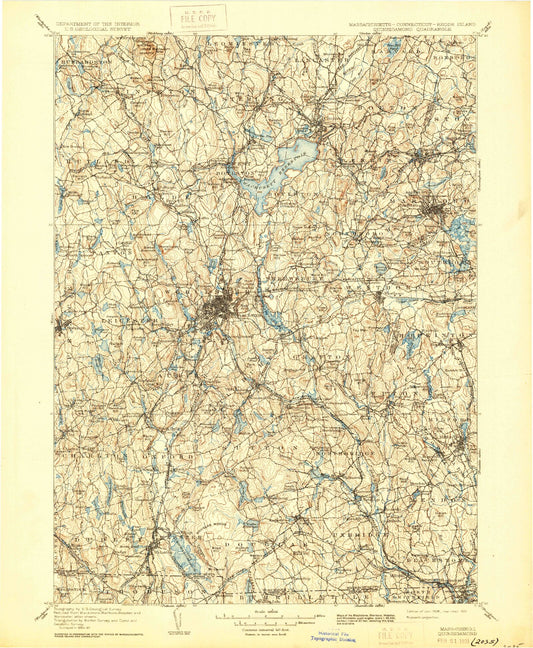 Historic 1908 Quinsicamond Massachusetts 30'x30' Topo Map Image