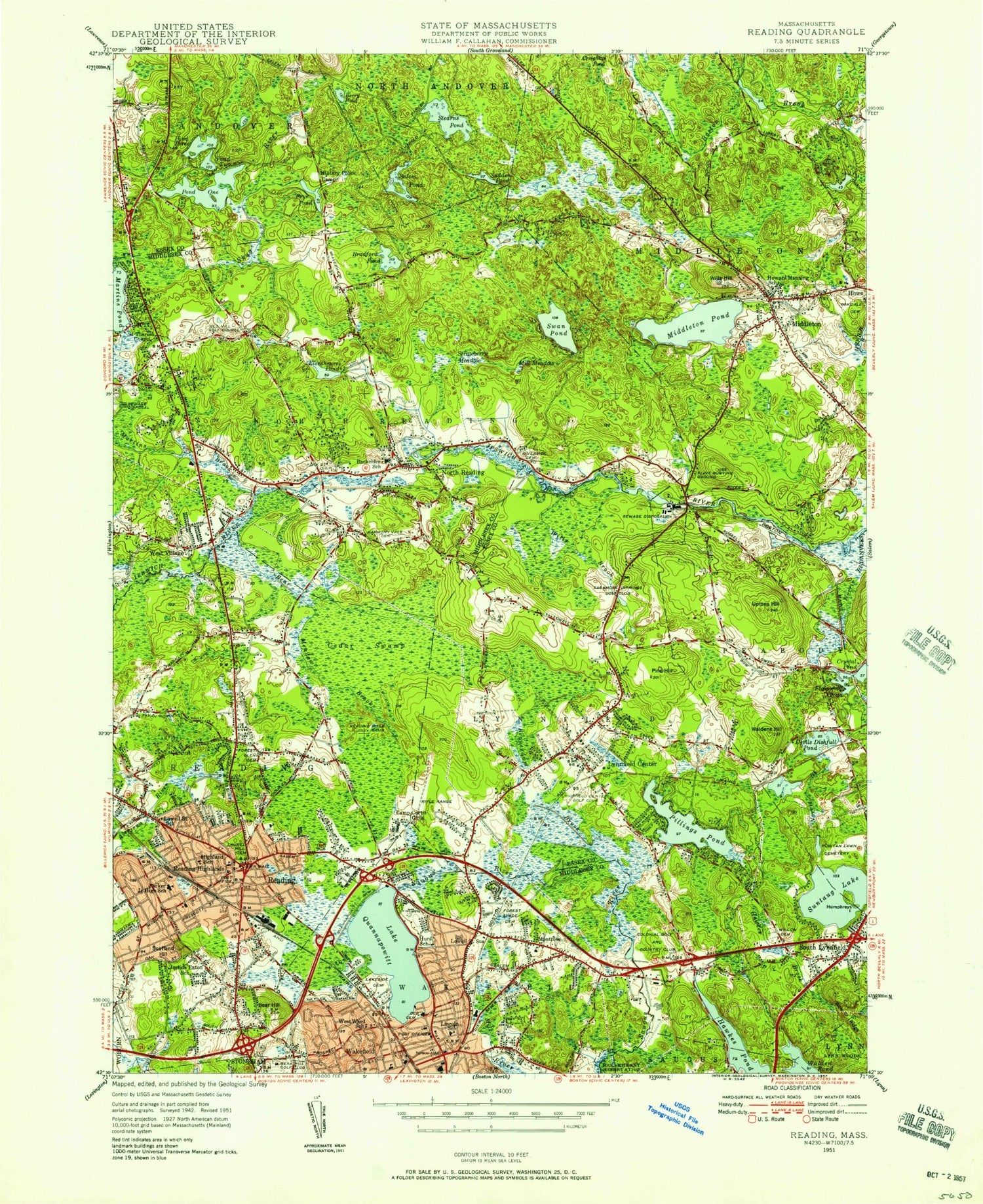 Classic USGS Reading Massachusetts 7.5'x7.5' Topo Map Image