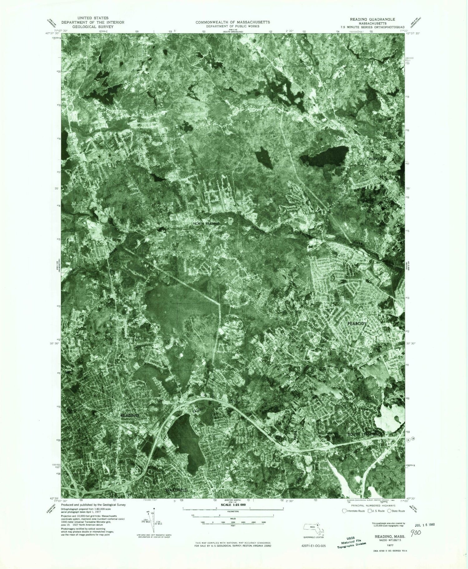 Classic USGS Reading Massachusetts 7.5'x7.5' Topo Map Image
