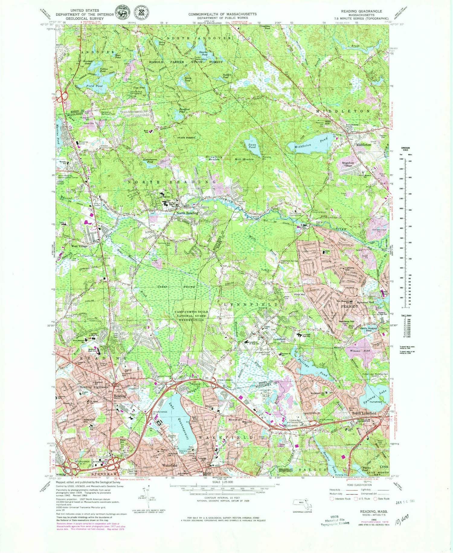Classic USGS Reading Massachusetts 7.5'x7.5' Topo Map Image