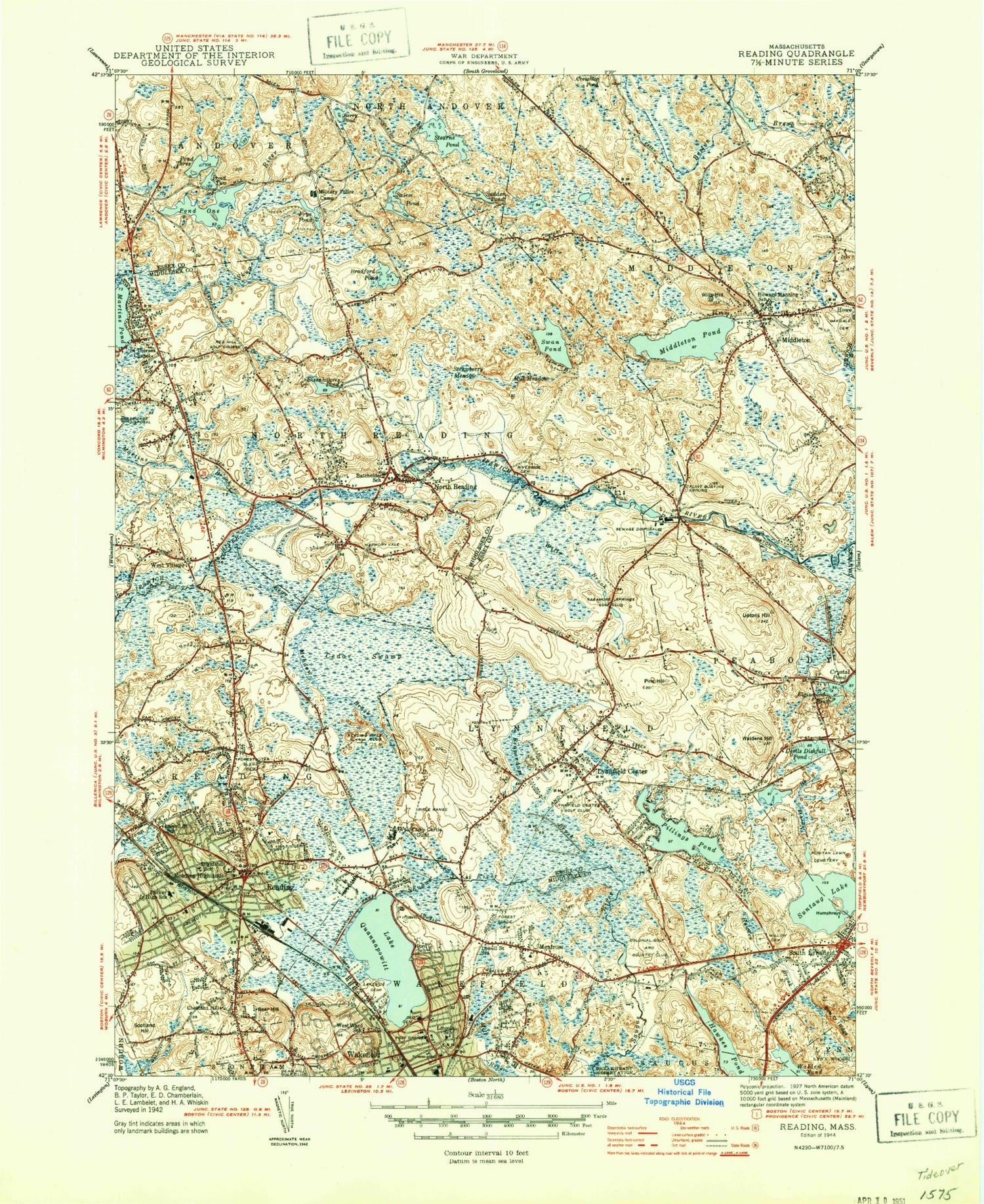 Classic USGS Reading Massachusetts 7.5'x7.5' Topo Map Image