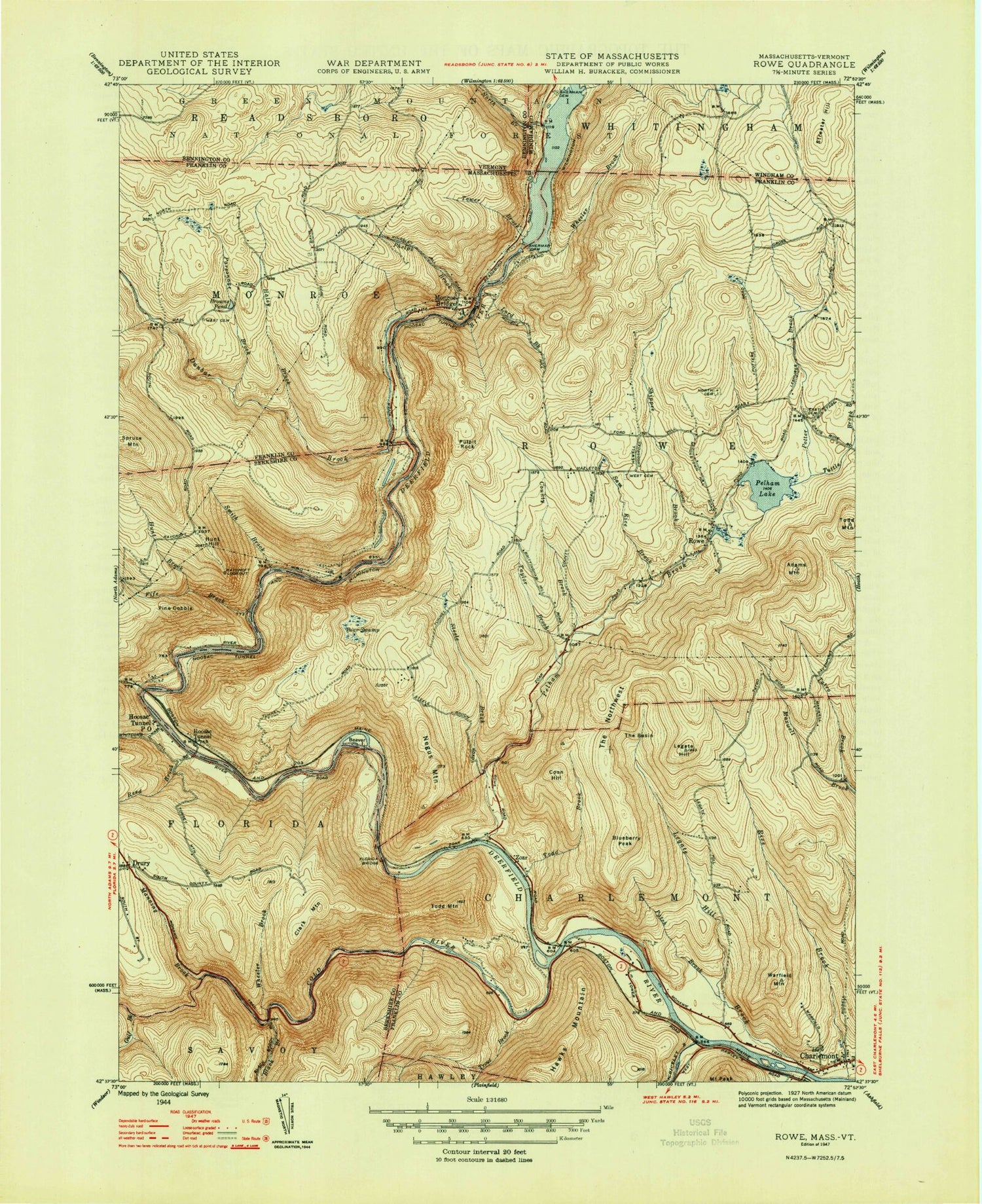 Classic USGS Rowe Massachusetts 7.5'x7.5' Topo Map Image