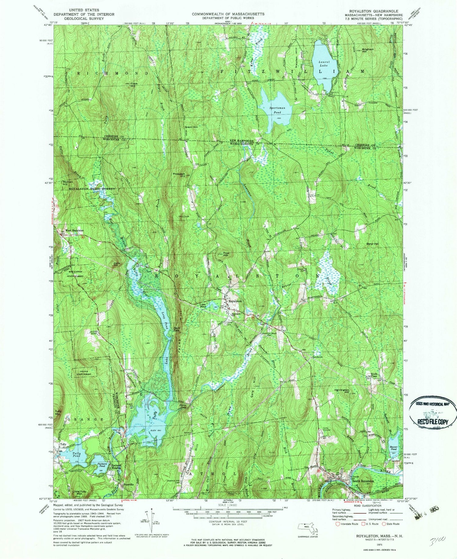 Classic USGS Royalston Massachusetts 7.5'x7.5' Topo Map Image