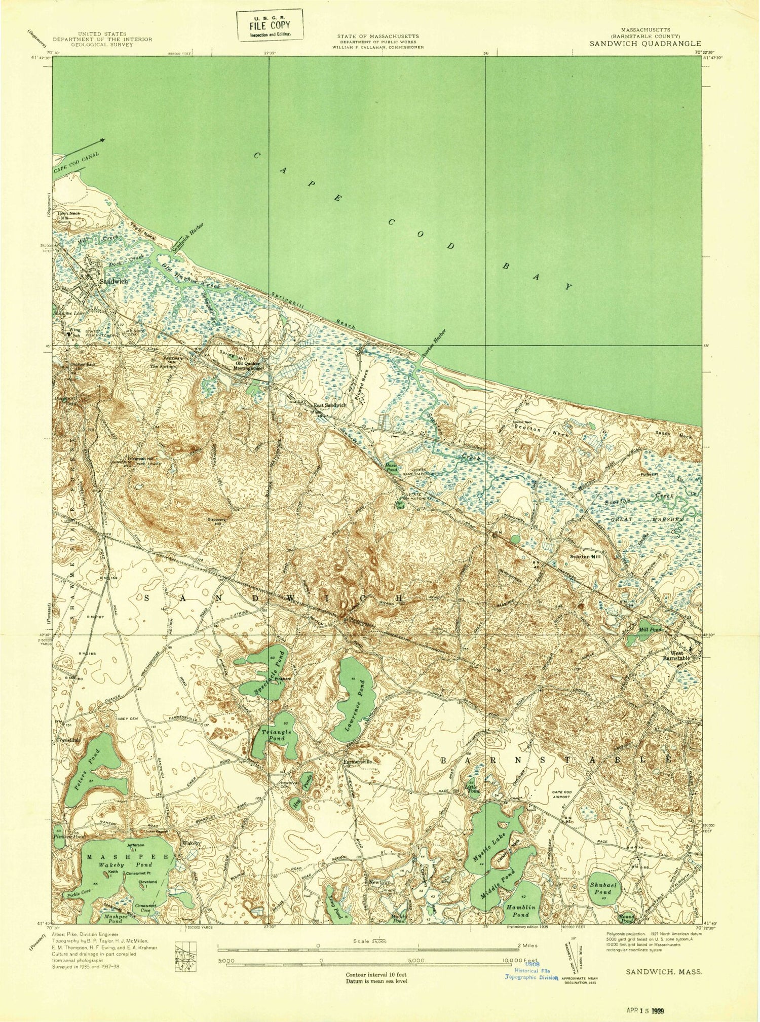 Classic USGS Sandwich Massachusetts 7.5'x7.5' Topo Map Image
