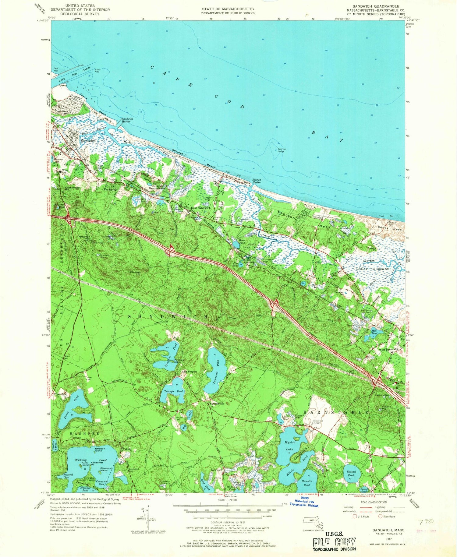 Classic USGS Sandwich Massachusetts 7.5'x7.5' Topo Map Image