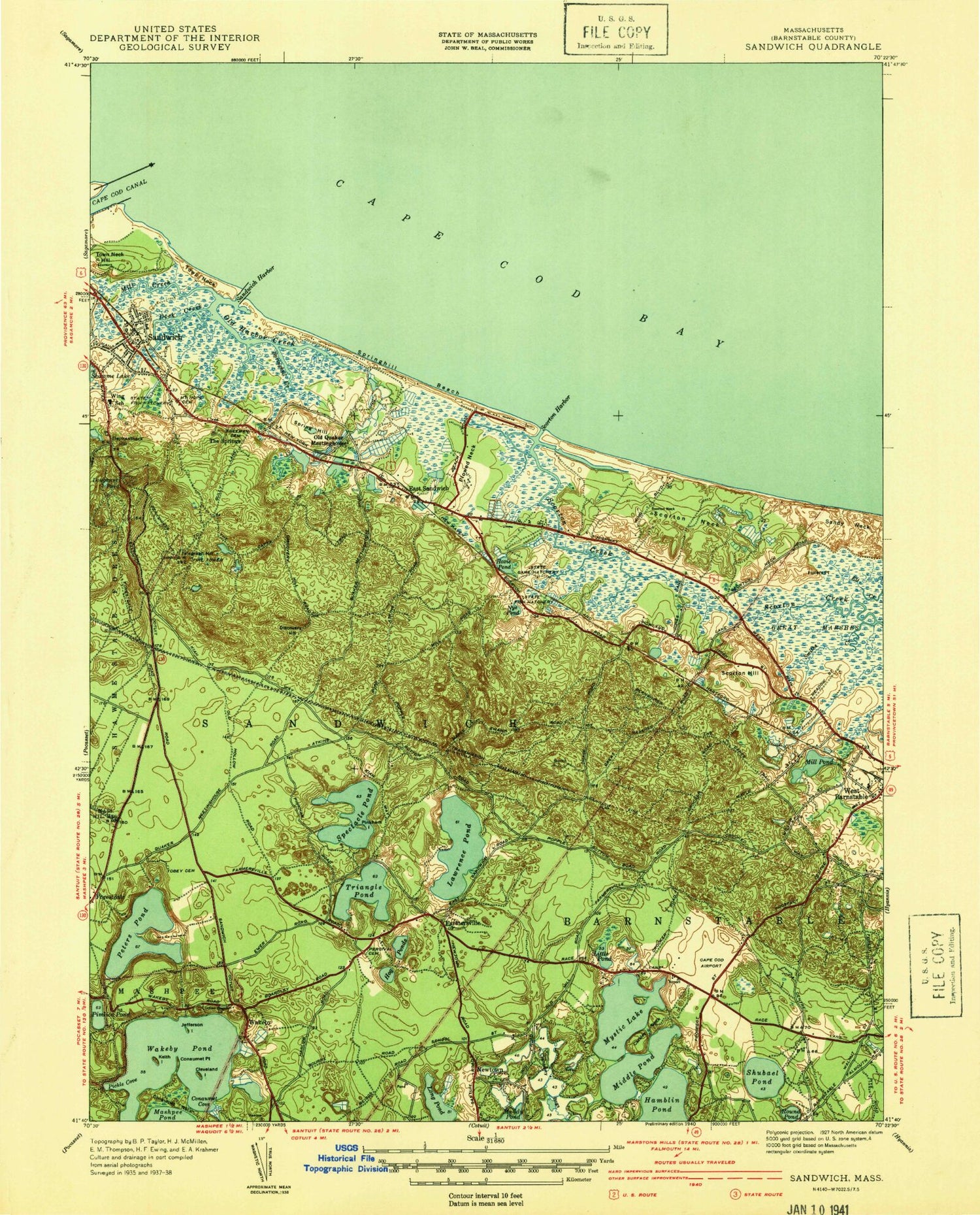 Classic USGS Sandwich Massachusetts 7.5'x7.5' Topo Map Image