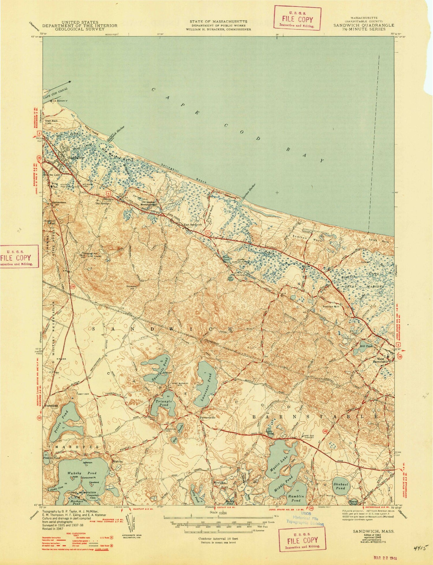 Classic USGS Sandwich Massachusetts 7.5'x7.5' Topo Map Image