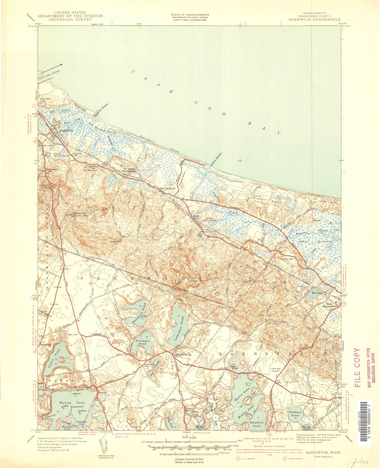 Classic USGS Sandwich Massachusetts 7.5'x7.5' Topo Map Image