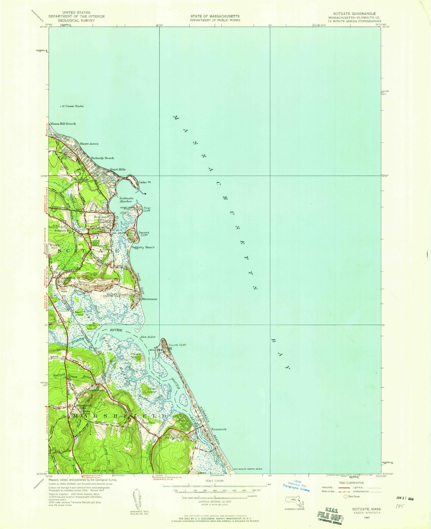 Classic USGS Scituate Massachusetts 7.5'x7.5' Topo Map Image
