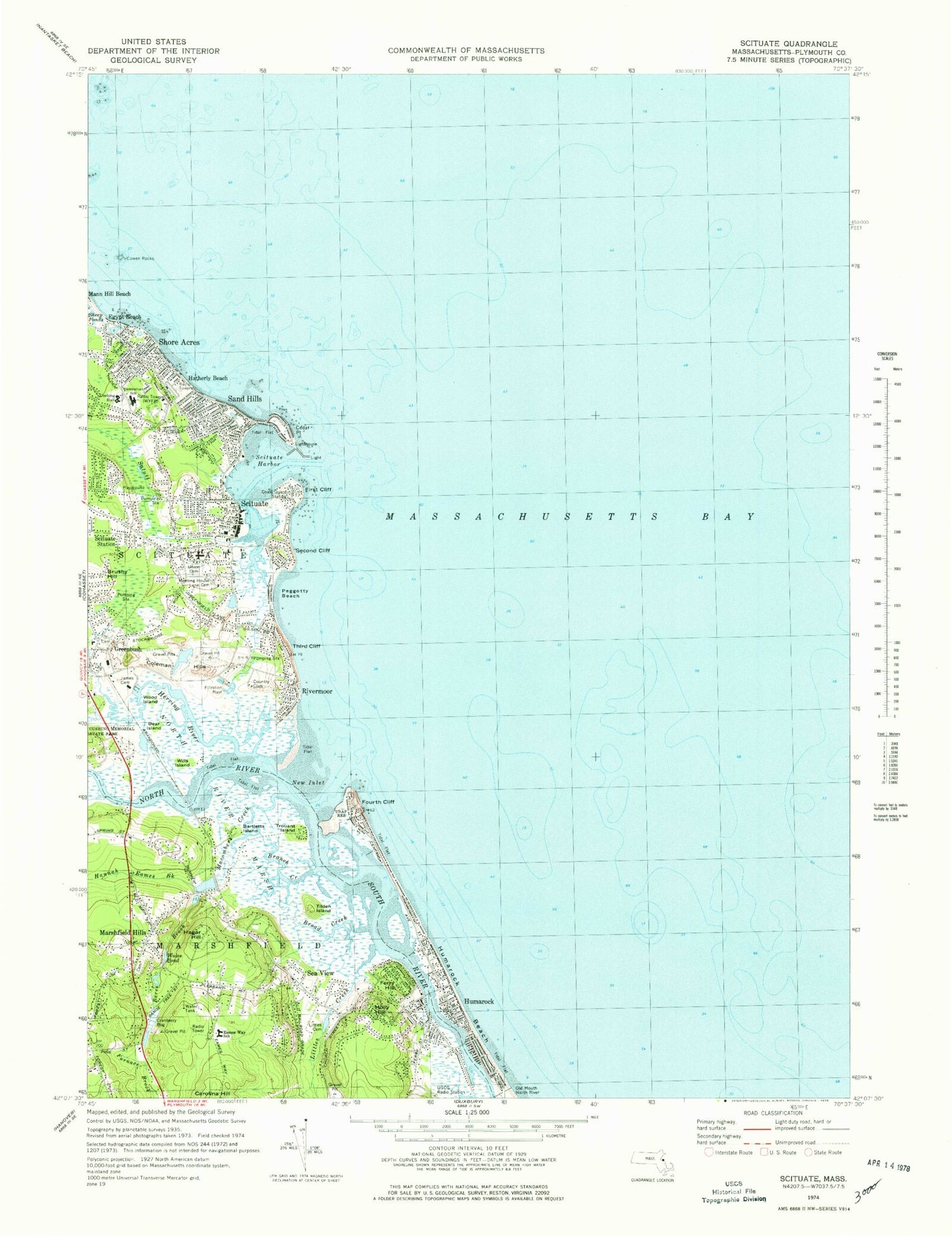 Classic USGS Scituate Massachusetts 7.5'x7.5' Topo Map Image