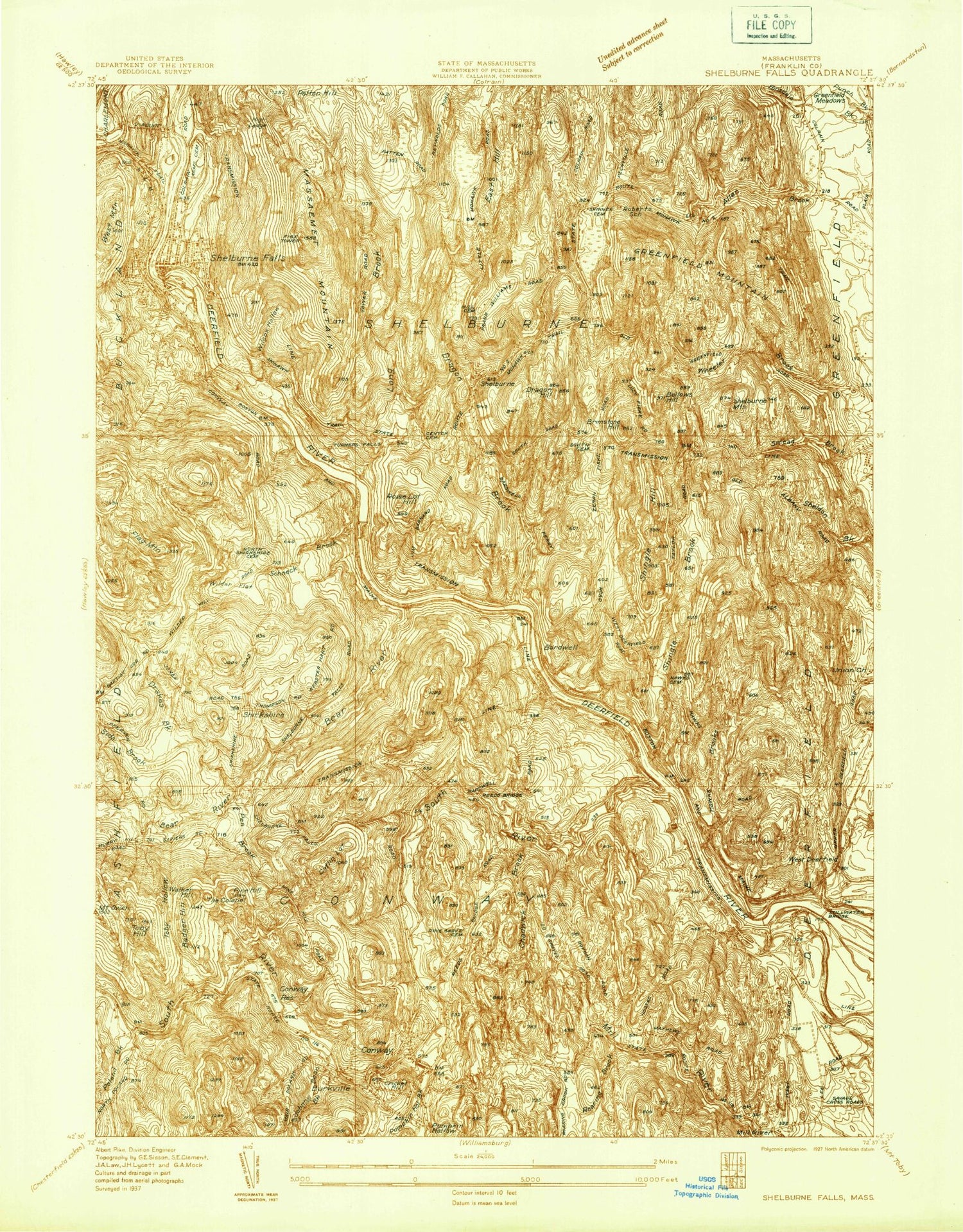 Classic USGS Shelburne Falls Massachusetts 7.5'x7.5' Topo Map Image
