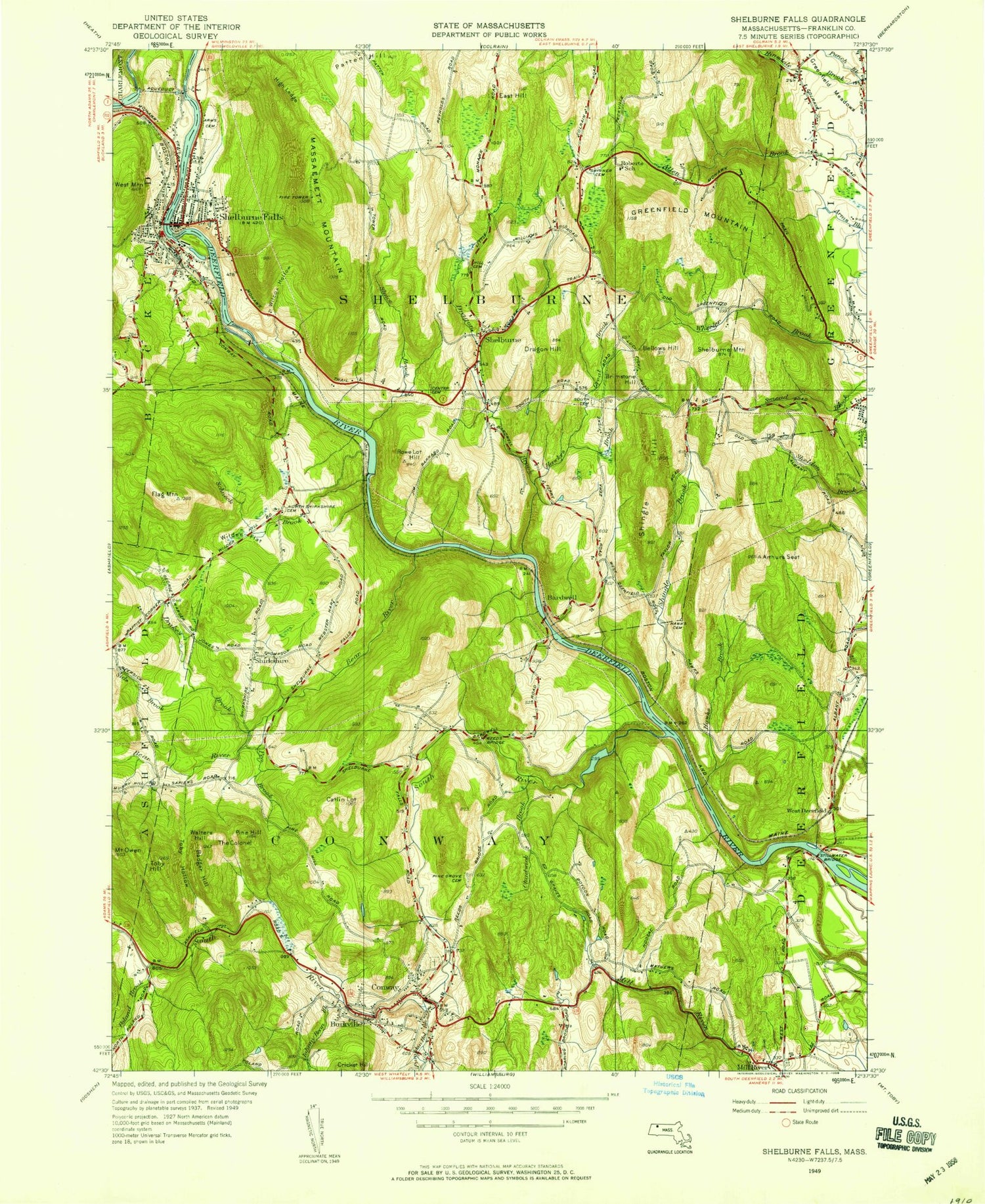 Classic USGS Shelburne Falls Massachusetts 7.5'x7.5' Topo Map Image