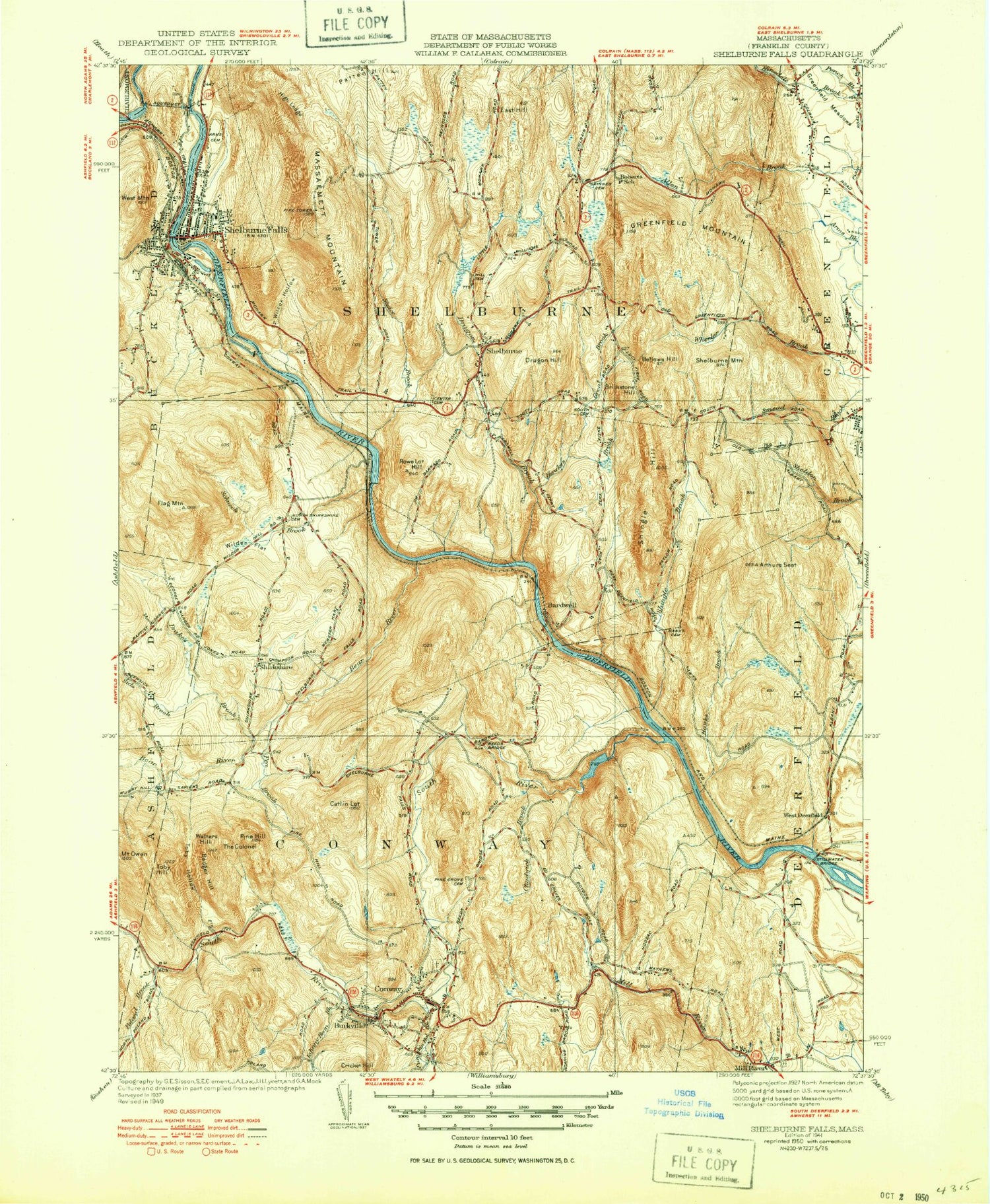 Classic USGS Shelburne Falls Massachusetts 7.5'x7.5' Topo Map Image