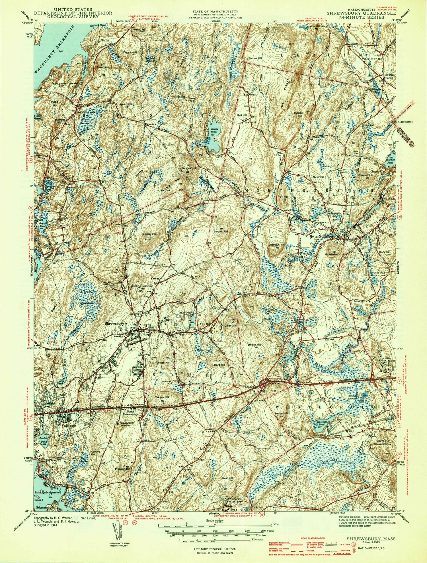 Classic USGS Shrewsbury Massachusetts 7.5'x7.5' Topo Map Image