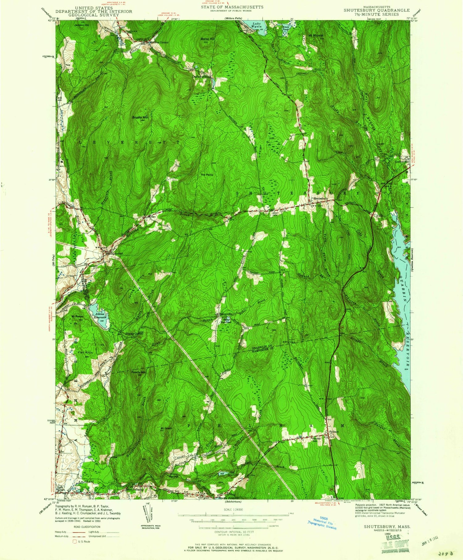Classic USGS Shutesbury Massachusetts 7.5'x7.5' Topo Map Image
