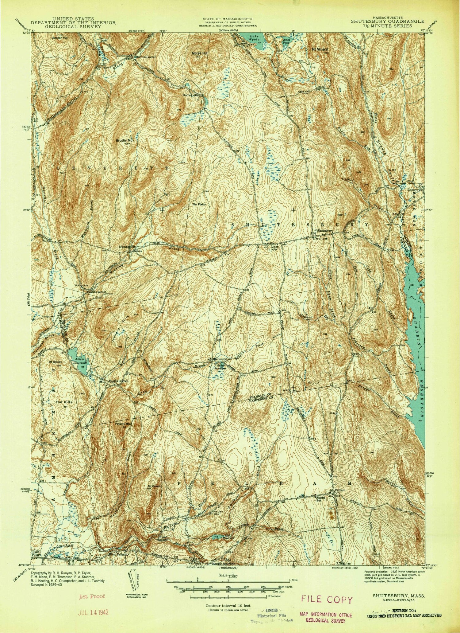 Classic USGS Shutesbury Massachusetts 7.5'x7.5' Topo Map Image