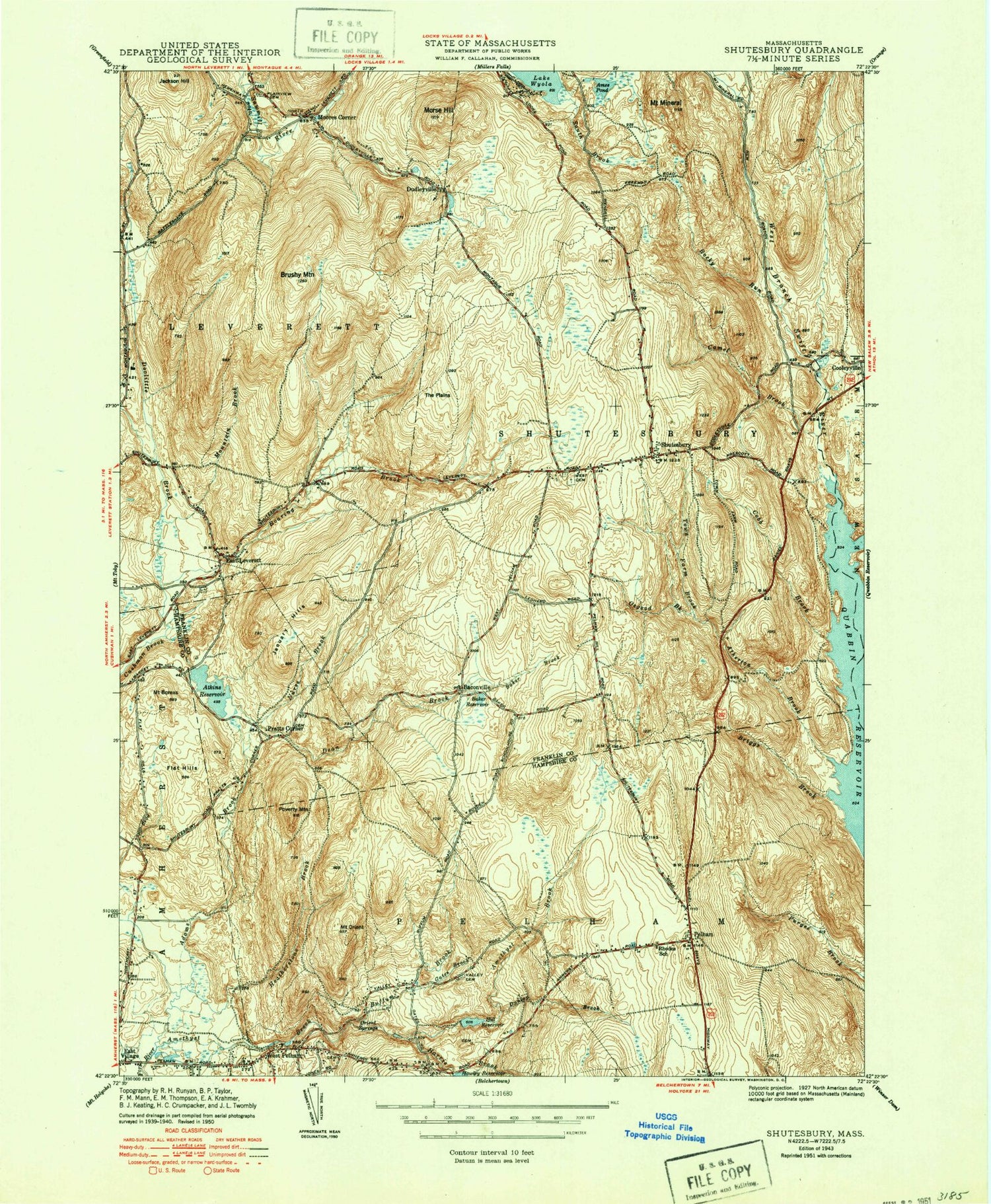 Classic USGS Shutesbury Massachusetts 7.5'x7.5' Topo Map Image