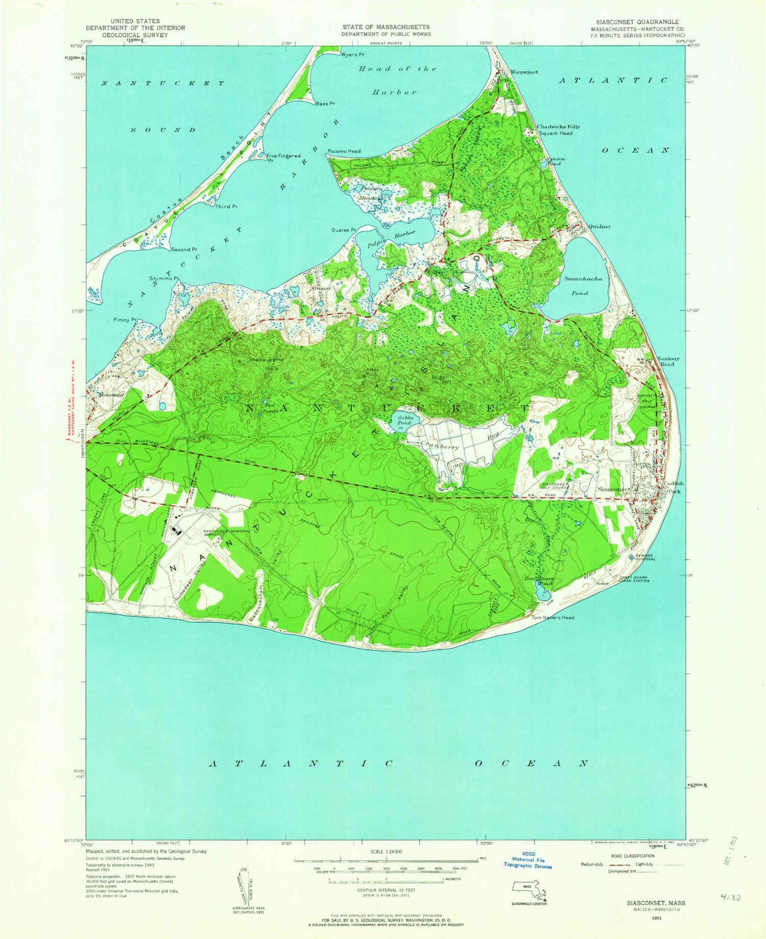 Classic USGS Siasconset Massachusetts 7.5'x7.5' Topo Map Image