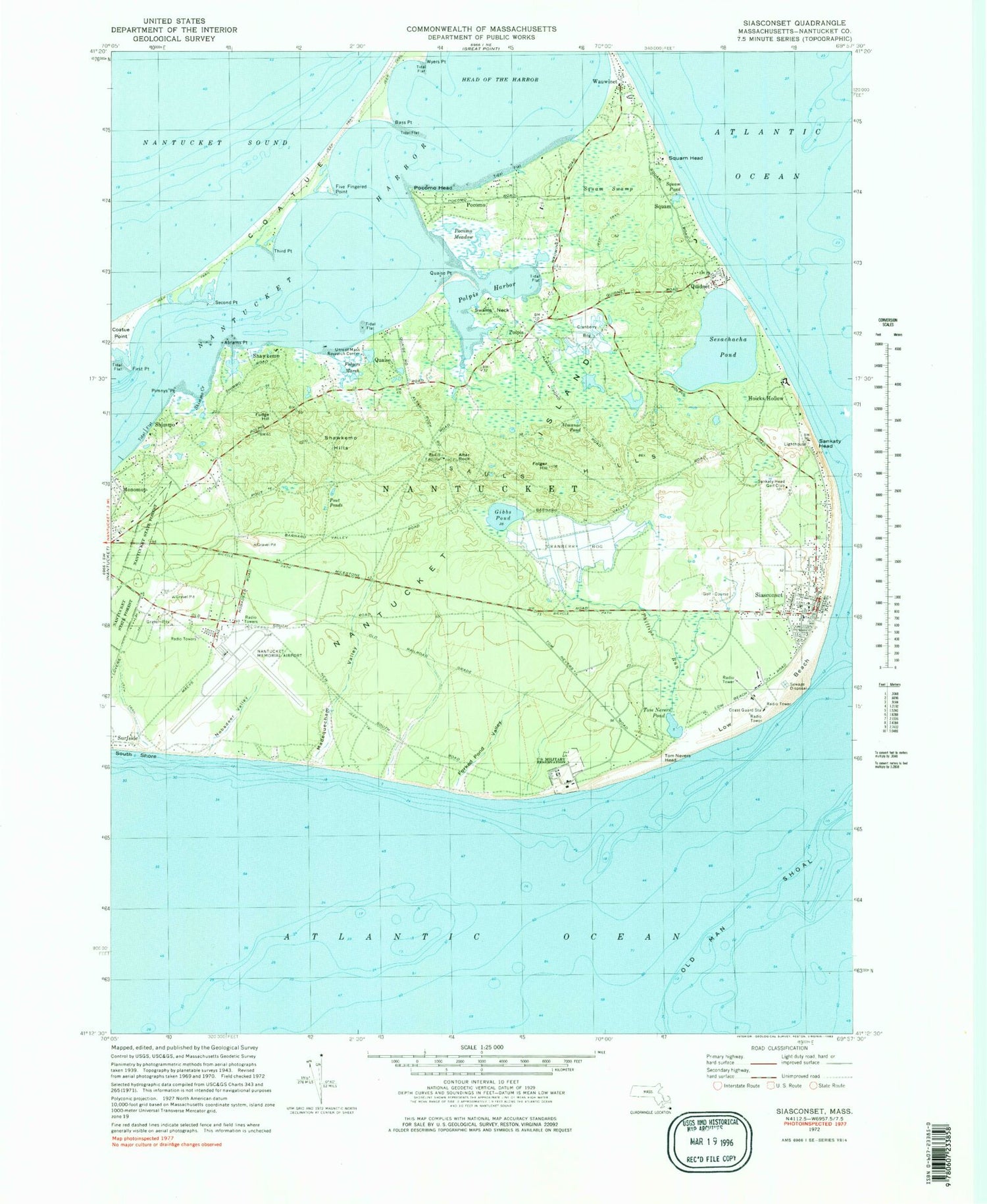 Classic USGS Siasconset Massachusetts 7.5'x7.5' Topo Map Image