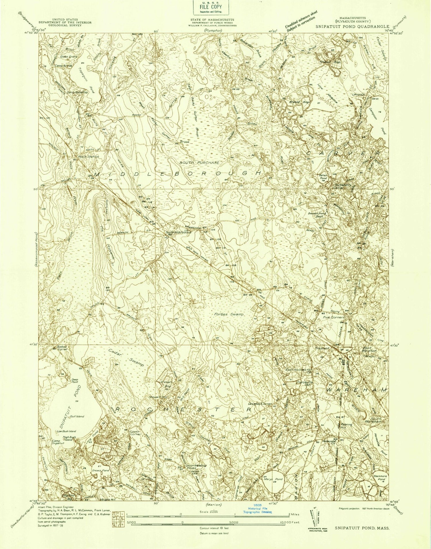 Classic USGS Snipatuit Pond Massachusetts 7.5'x7.5' Topo Map Image
