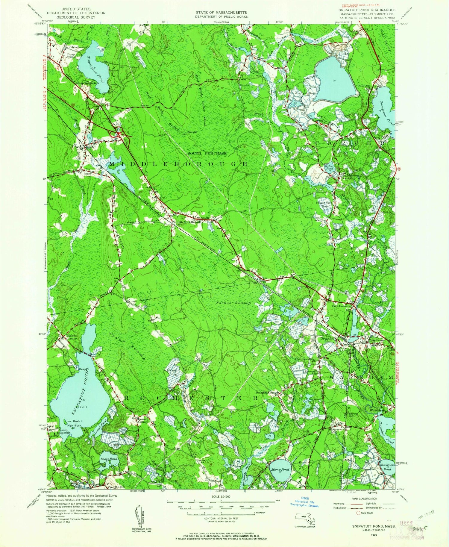 Classic USGS Snipatuit Pond Massachusetts 7.5'x7.5' Topo Map Image