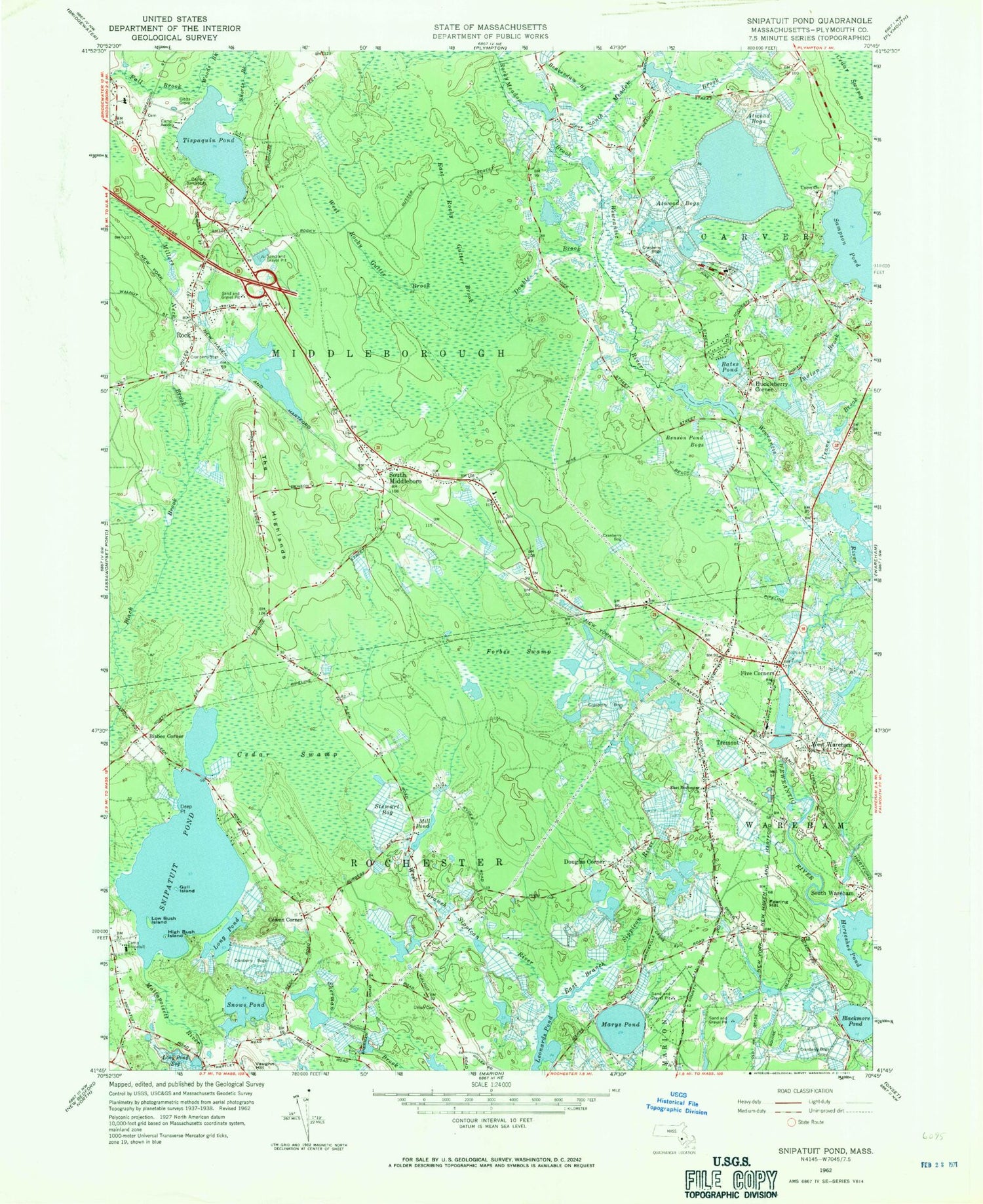 Classic USGS Snipatuit Pond Massachusetts 7.5'x7.5' Topo Map Image