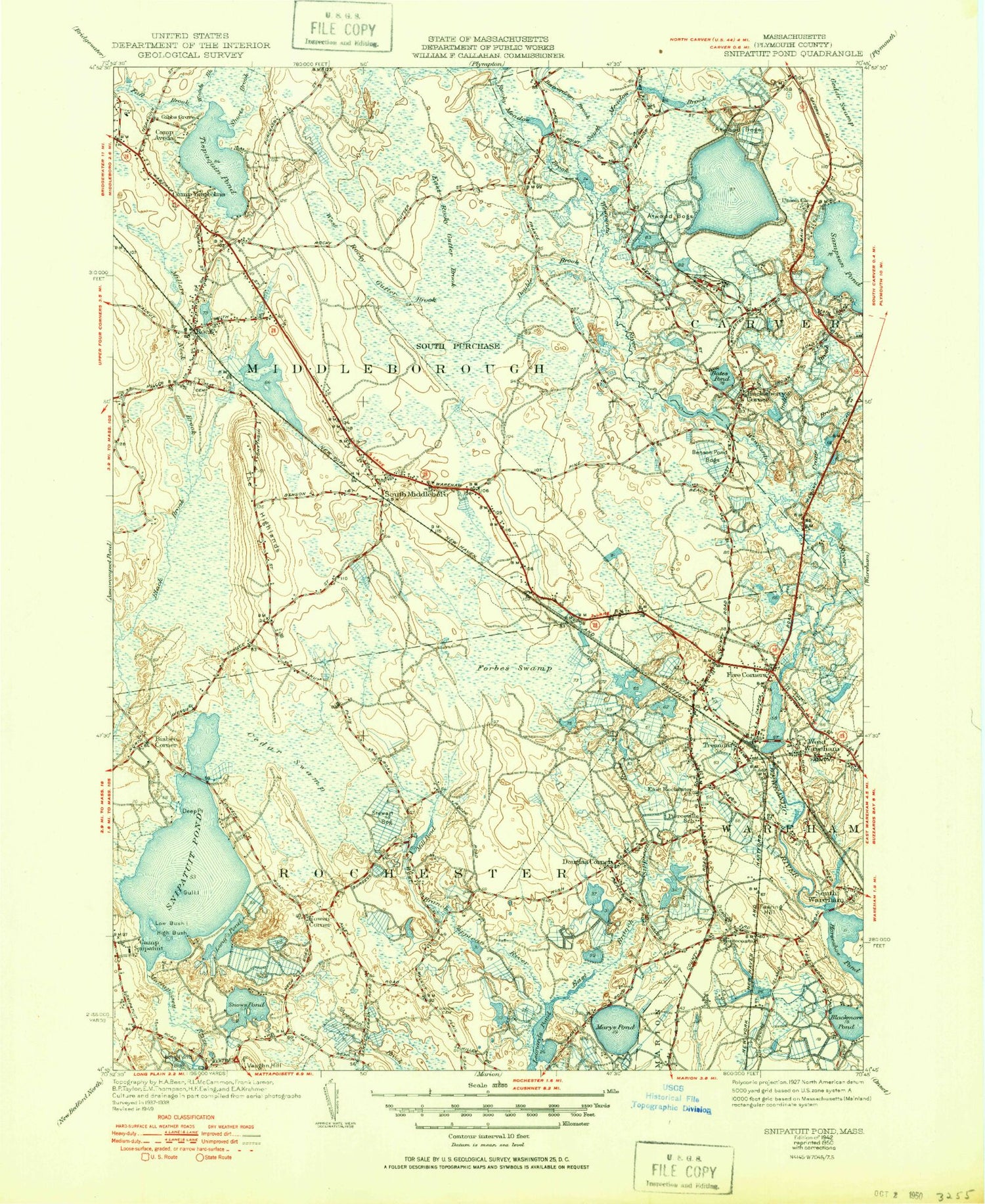 Classic USGS Snipatuit Pond Massachusetts 7.5'x7.5' Topo Map Image