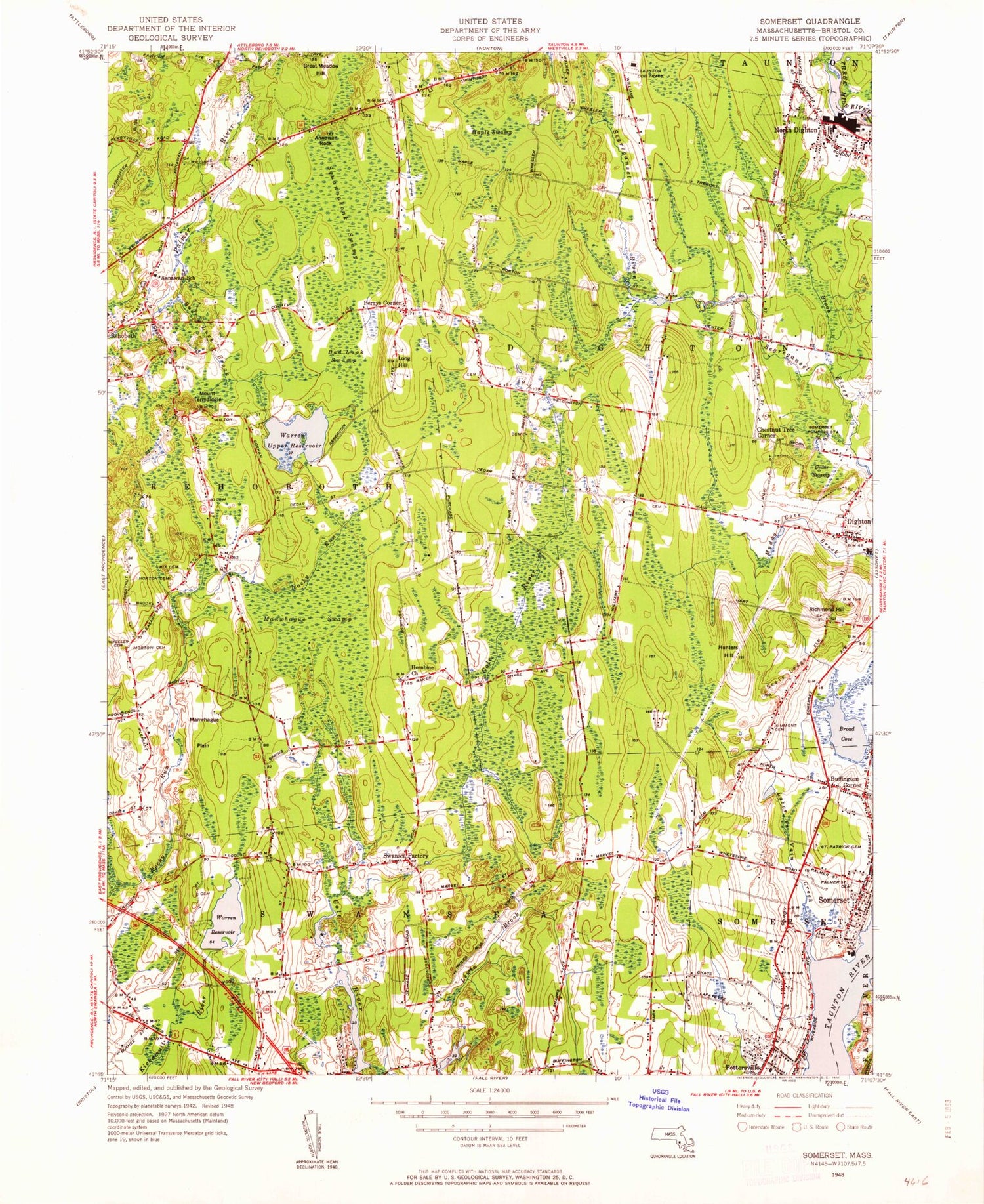 Classic USGS Somerset Massachusetts 7.5'x7.5' Topo Map Image