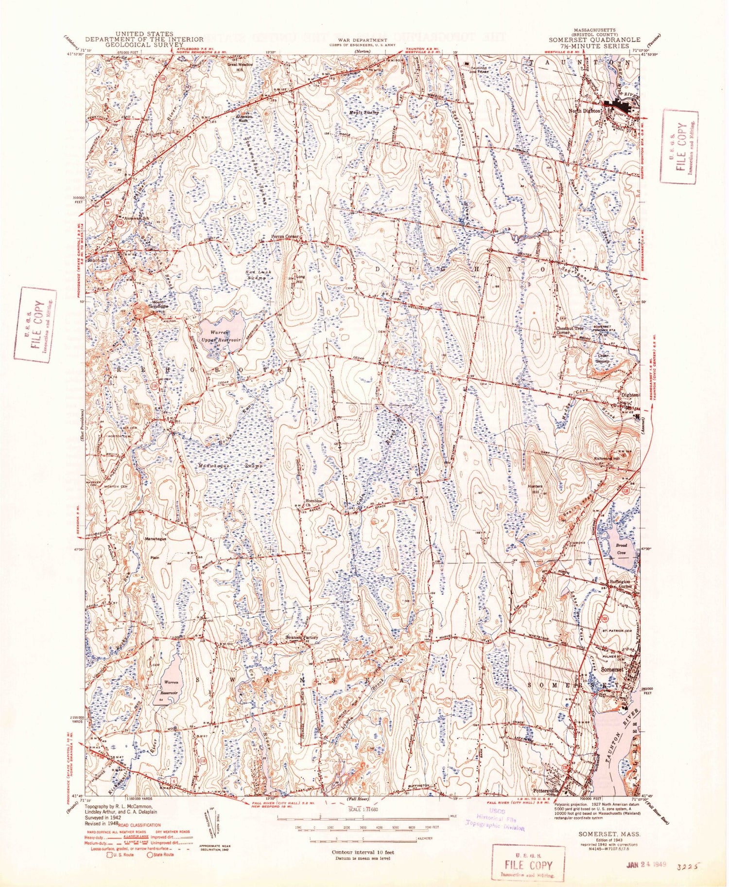 Classic USGS Somerset Massachusetts 7.5'x7.5' Topo Map Image
