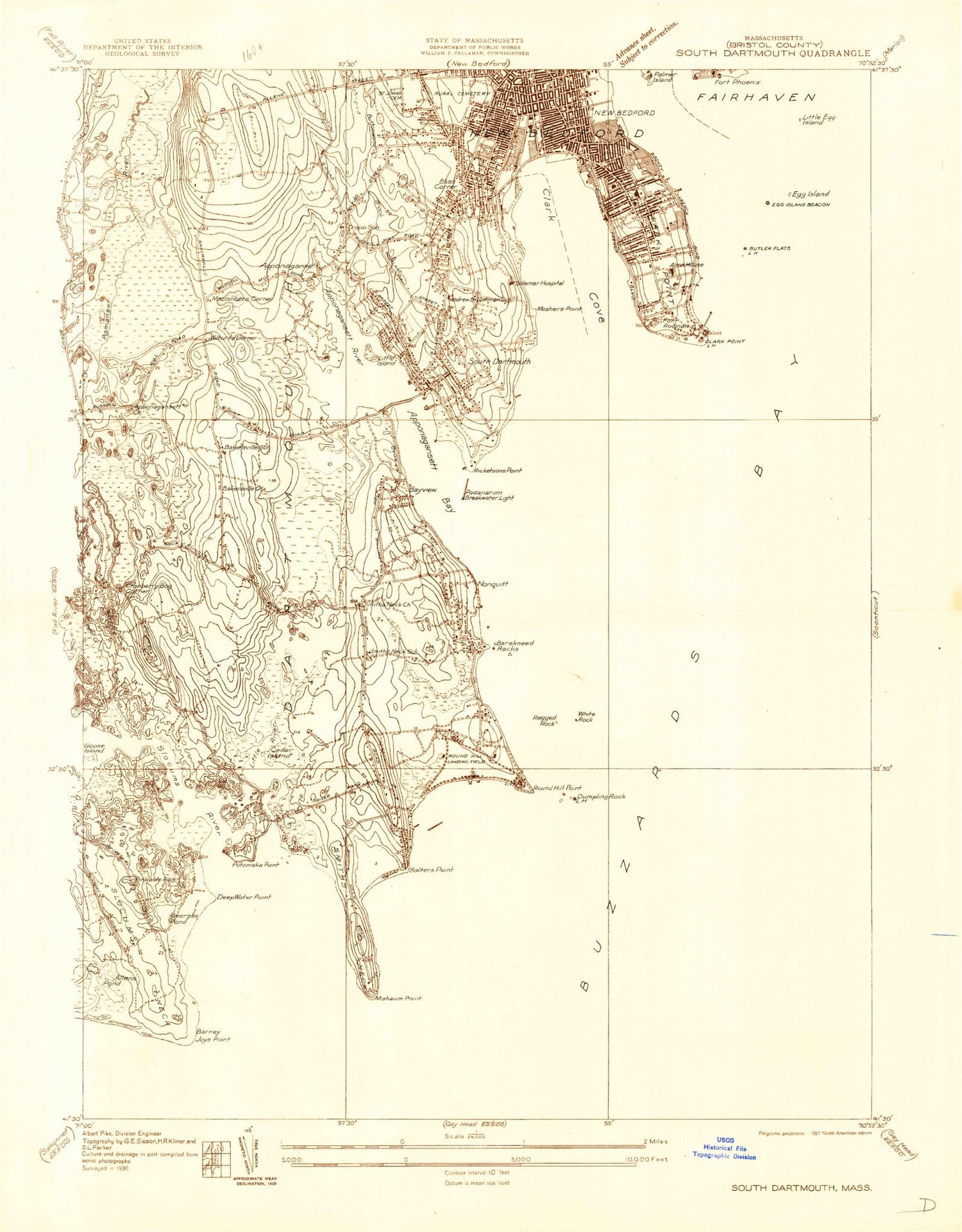 Classic USGS New Bedford South Massachusetts 7.5'x7.5' Topo Map Image