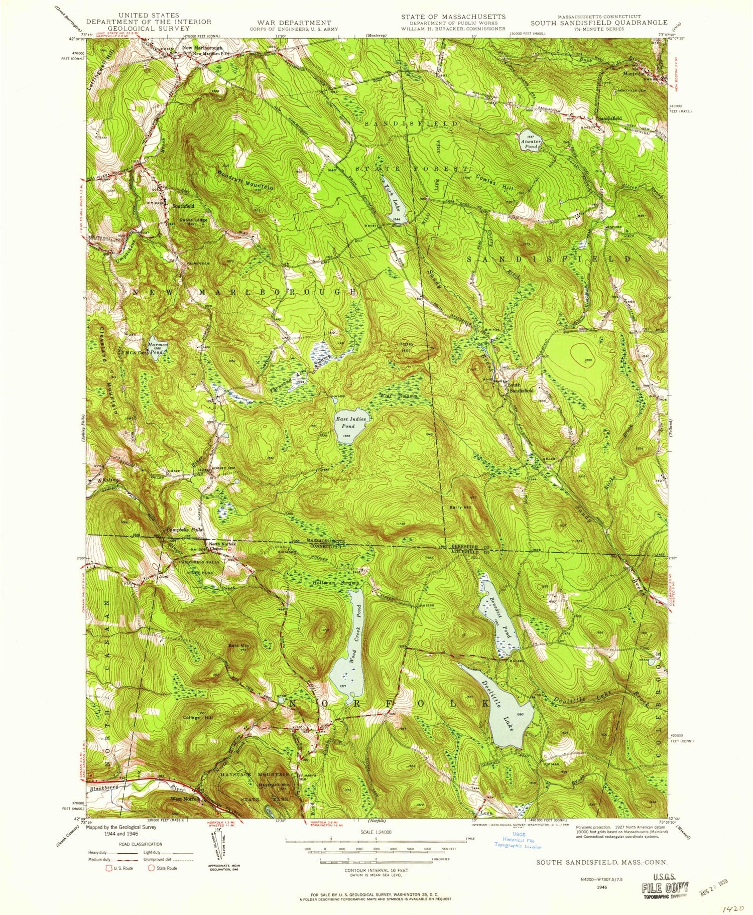 Classic USGS South Sandisfield Massachusetts 7.5'x7.5' Topo Map Image