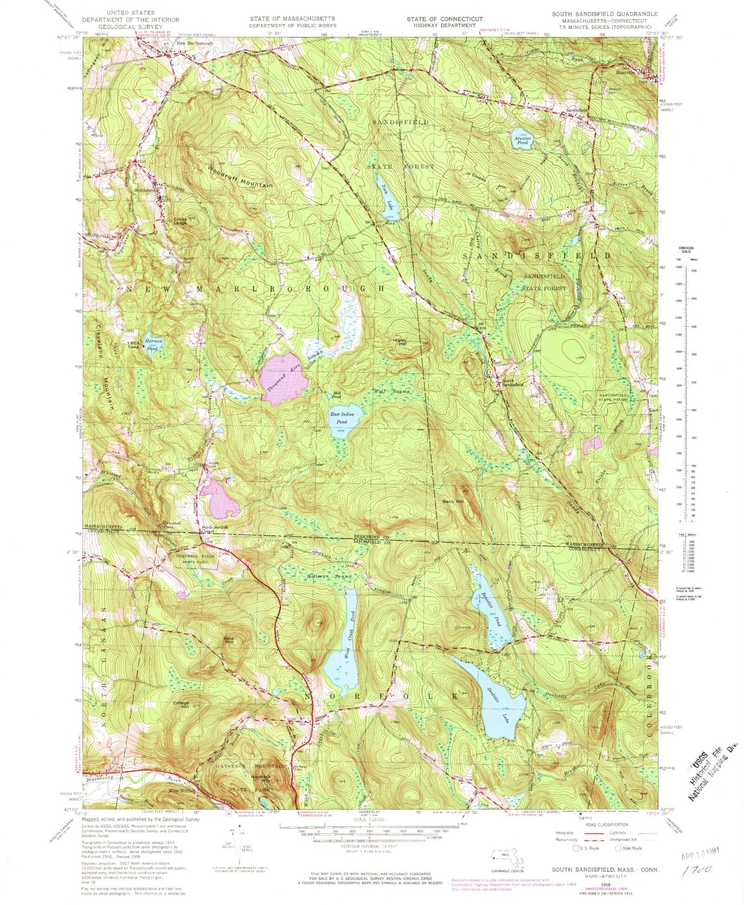 Classic USGS South Sandisfield Massachusetts 7.5'x7.5' Topo Map Image