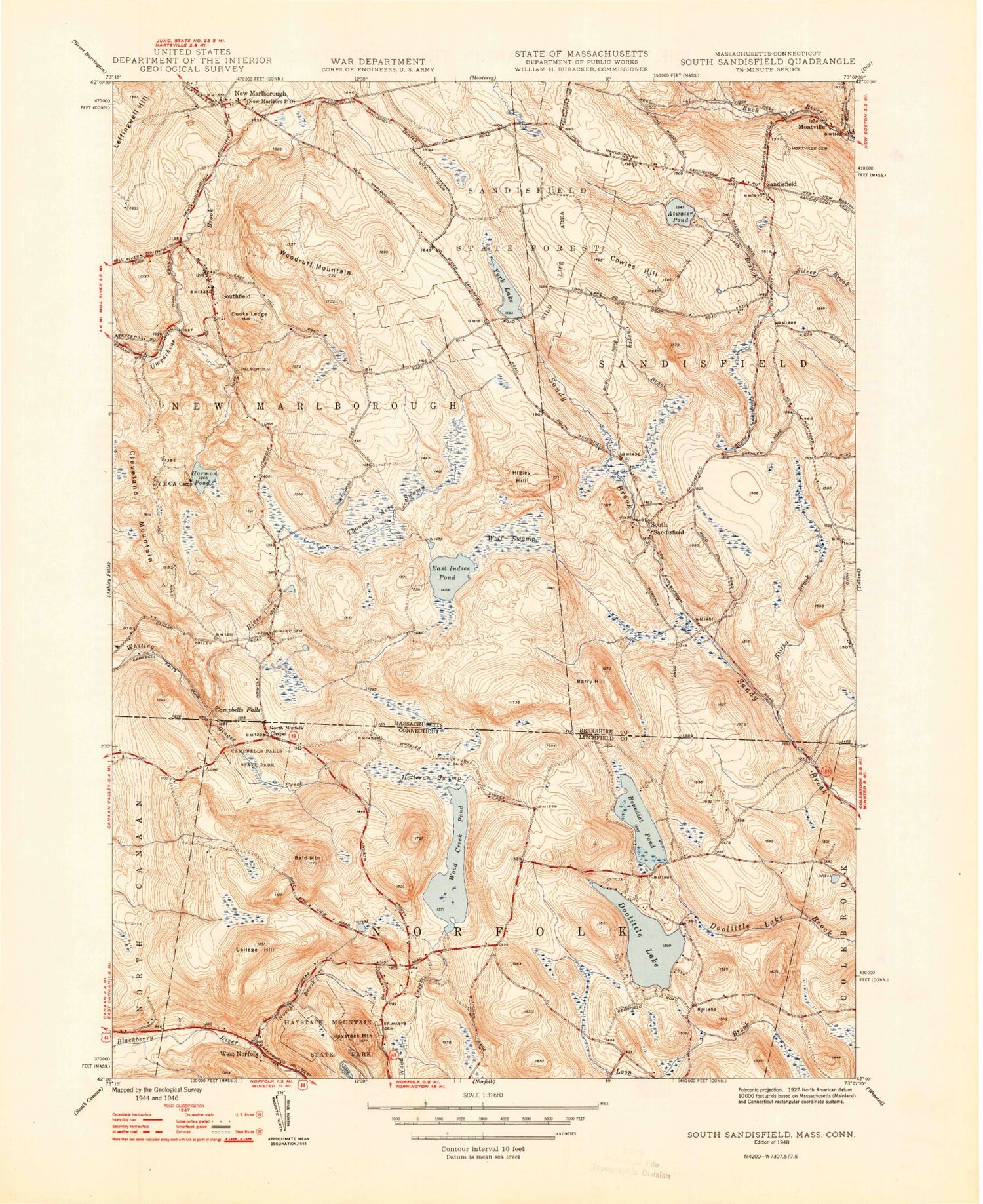 Classic USGS South Sandisfield Massachusetts 7.5'x7.5' Topo Map Image