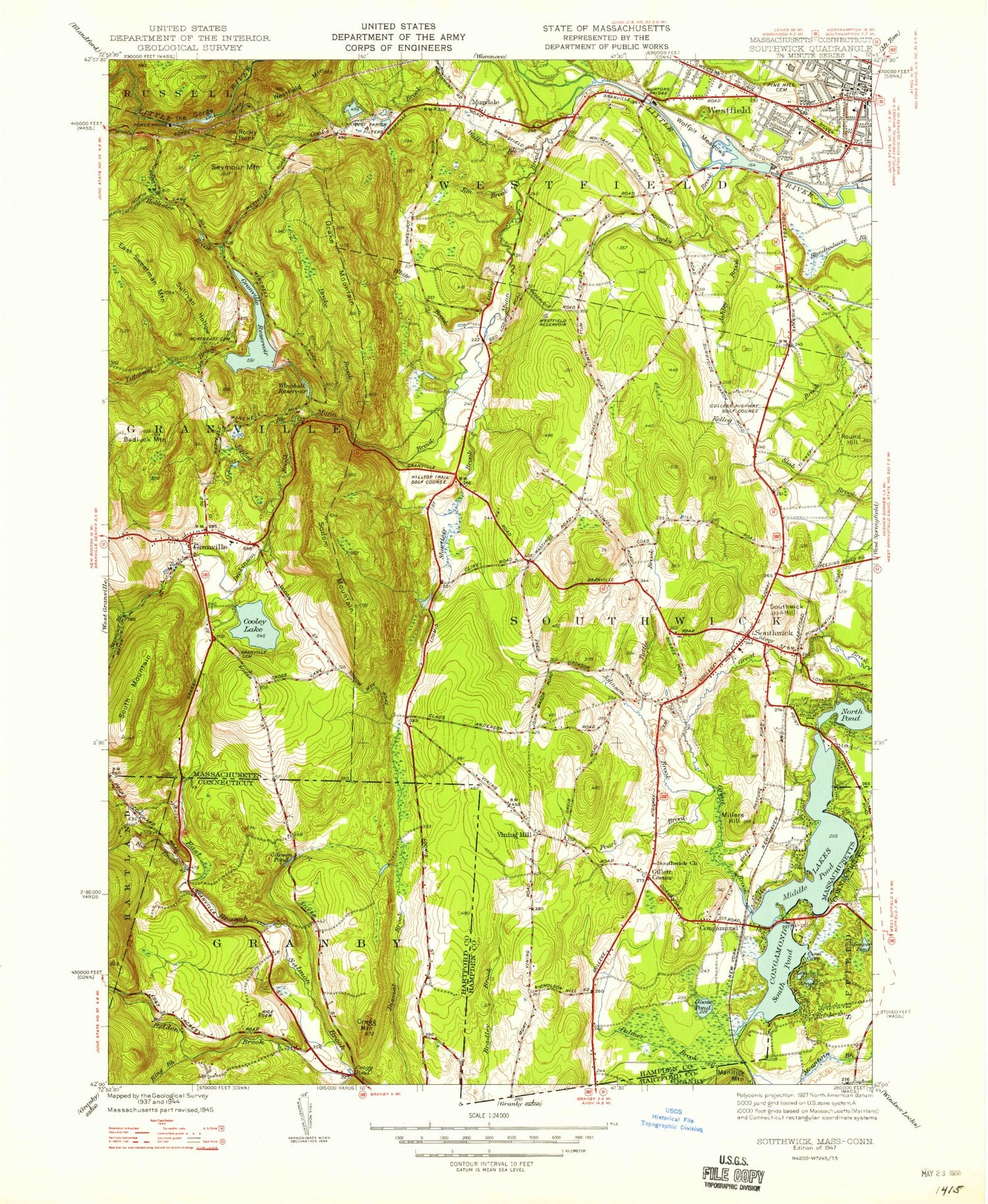 Classic USGS Southwick Massachusetts 7.5'x7.5' Topo Map Image
