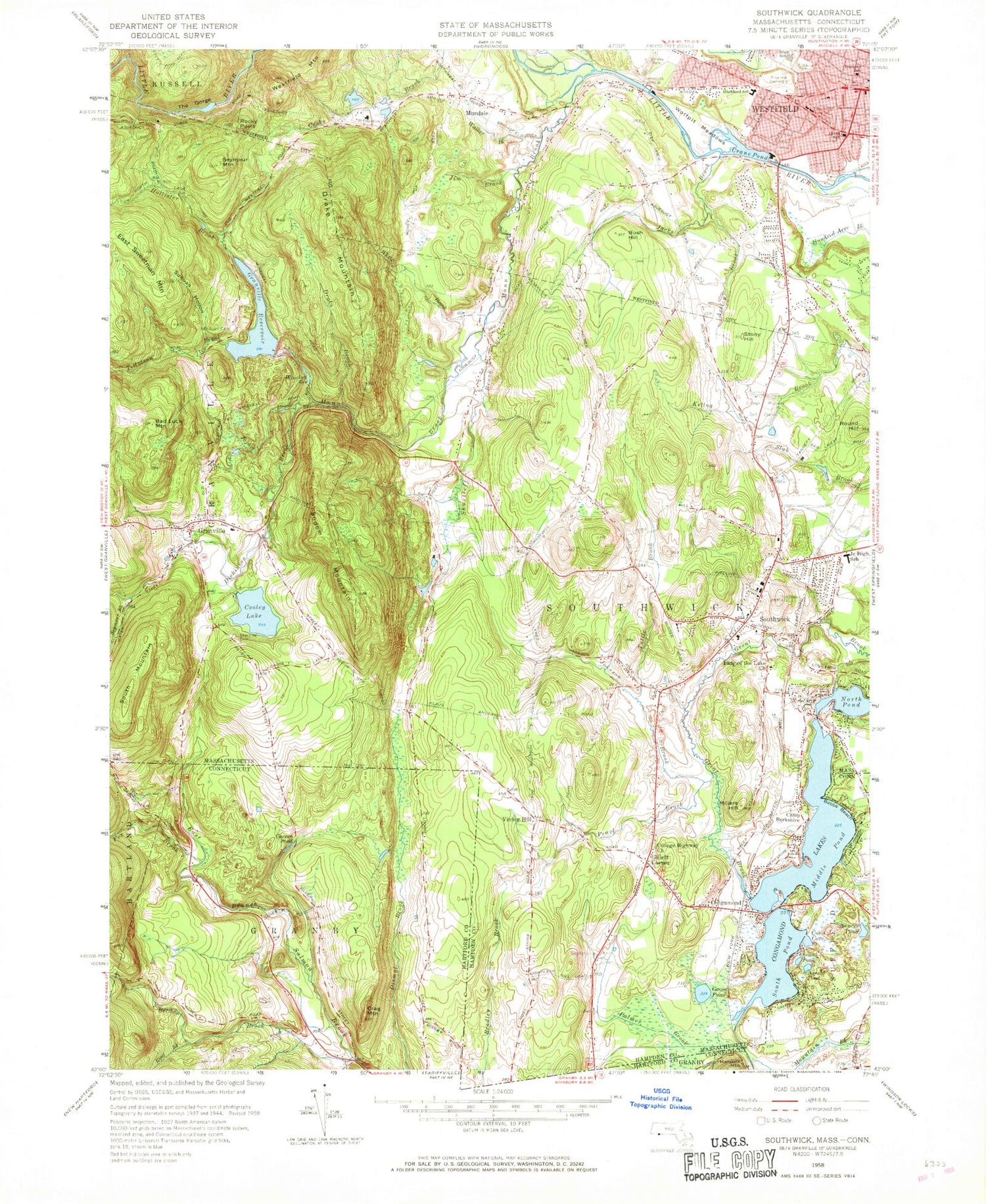 Classic USGS Southwick Massachusetts 7.5'x7.5' Topo Map Image