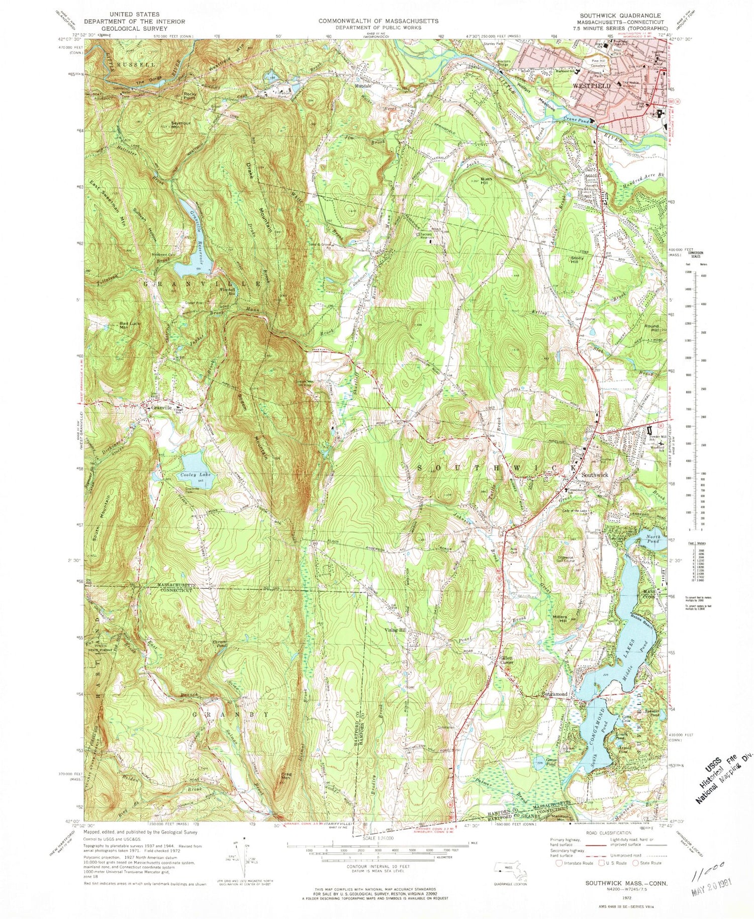 Classic USGS Southwick Massachusetts 7.5'x7.5' Topo Map Image