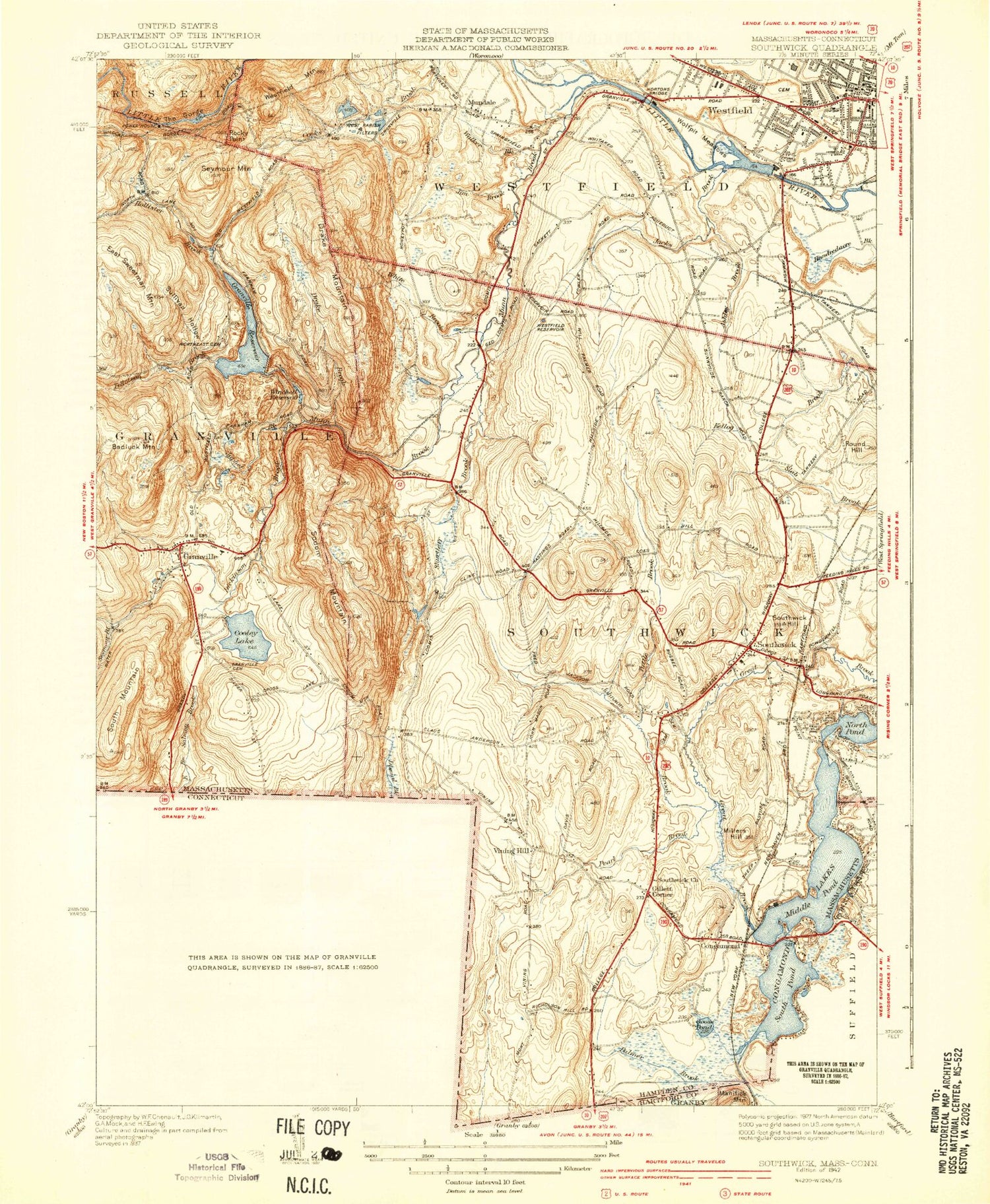 Classic USGS Southwick Massachusetts 7.5'x7.5' Topo Map Image
