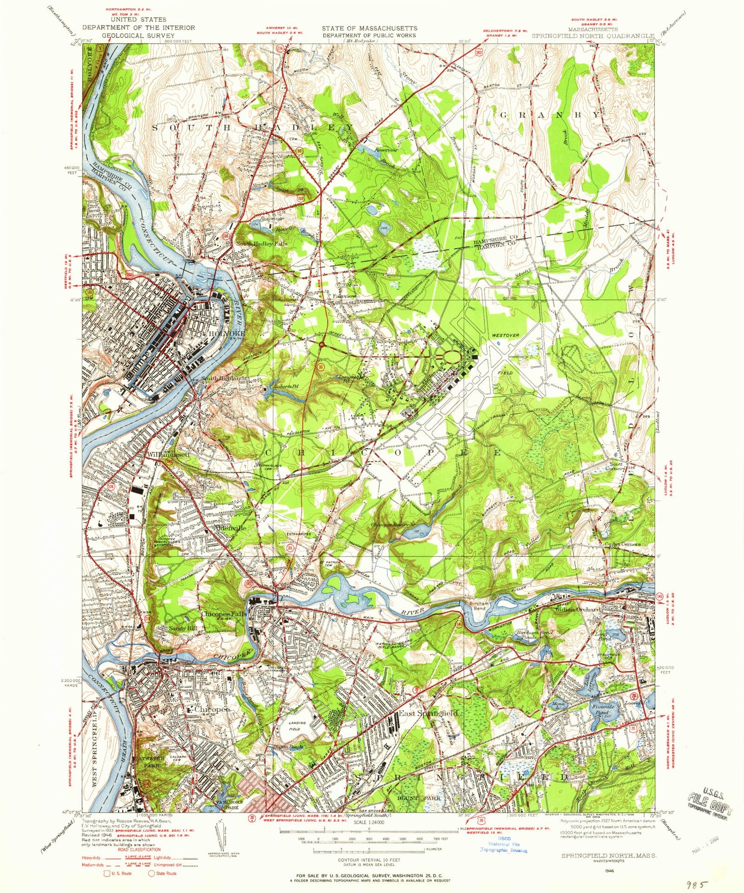 Classic USGS Springfield North Massachusetts 7.5'x7.5' Topo Map Image