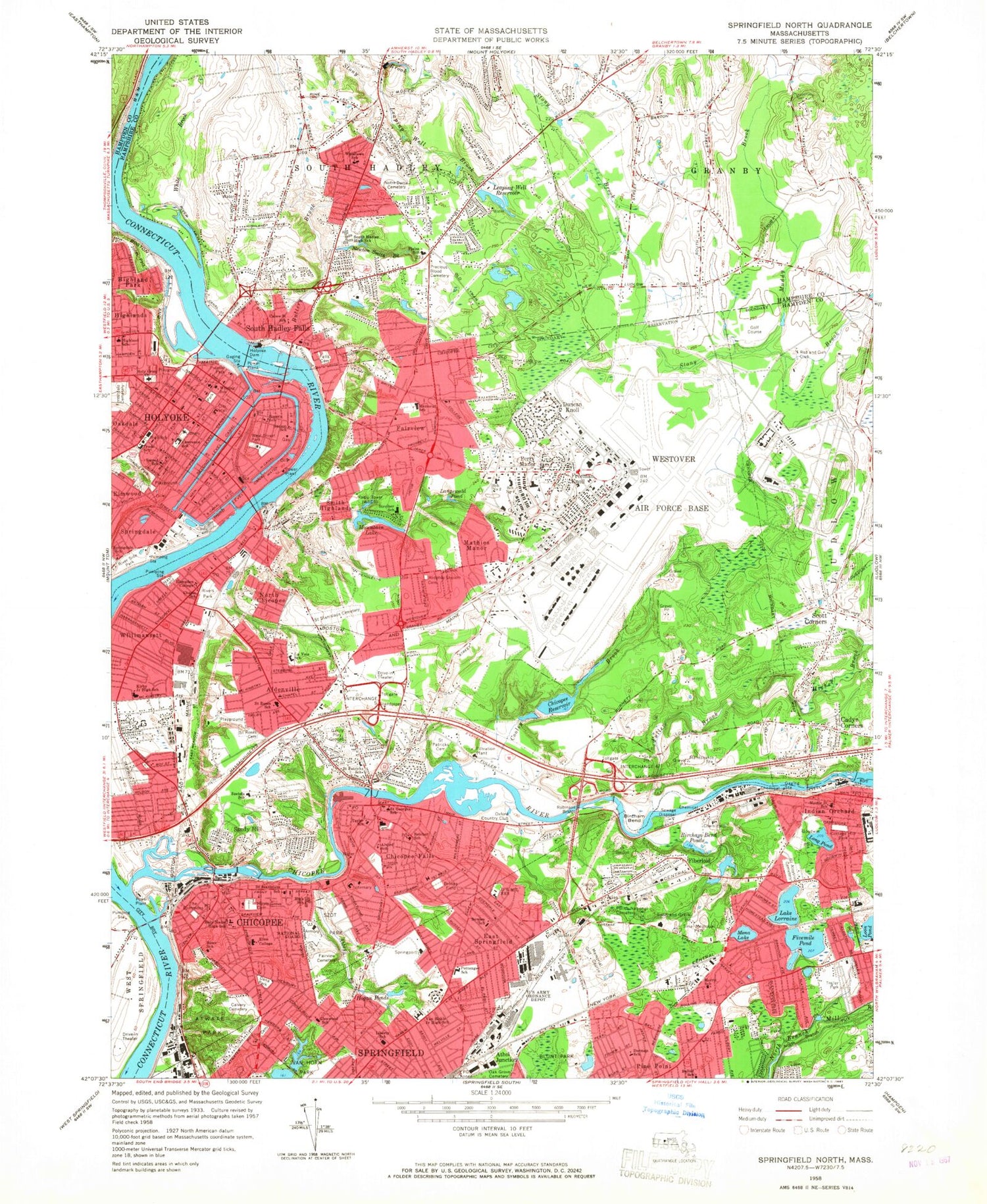 Classic USGS Springfield North Massachusetts 7.5'x7.5' Topo Map Image