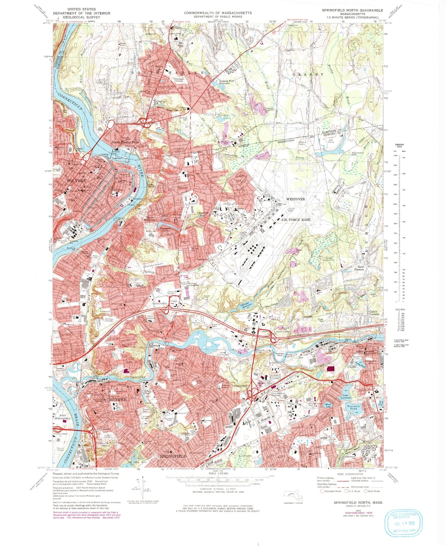 Classic USGS Springfield North Massachusetts 7.5'x7.5' Topo Map Image