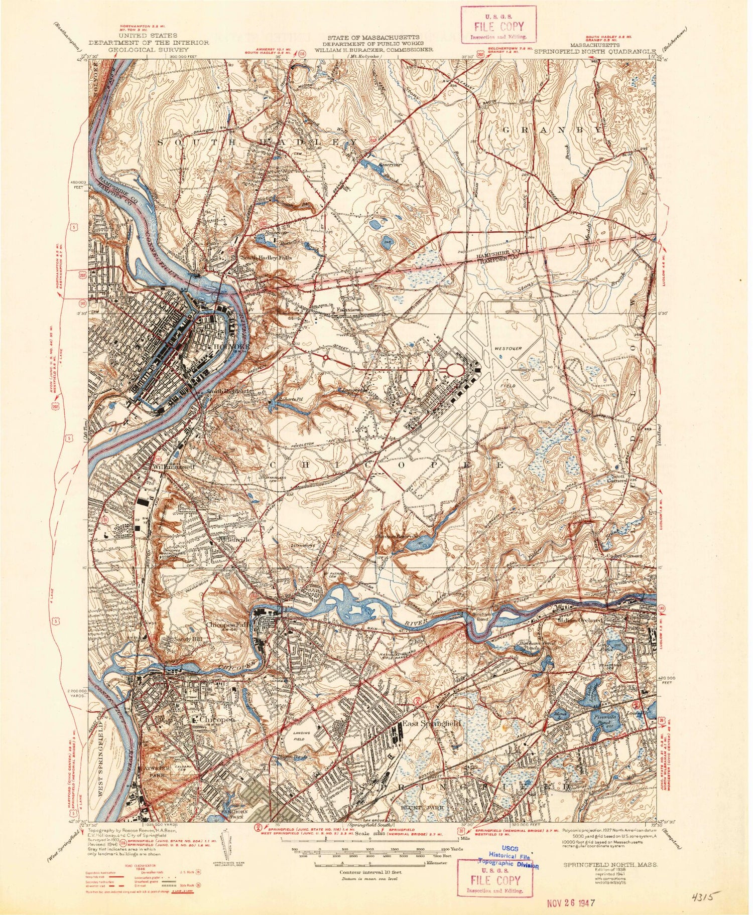 Classic USGS Springfield North Massachusetts 7.5'x7.5' Topo Map Image