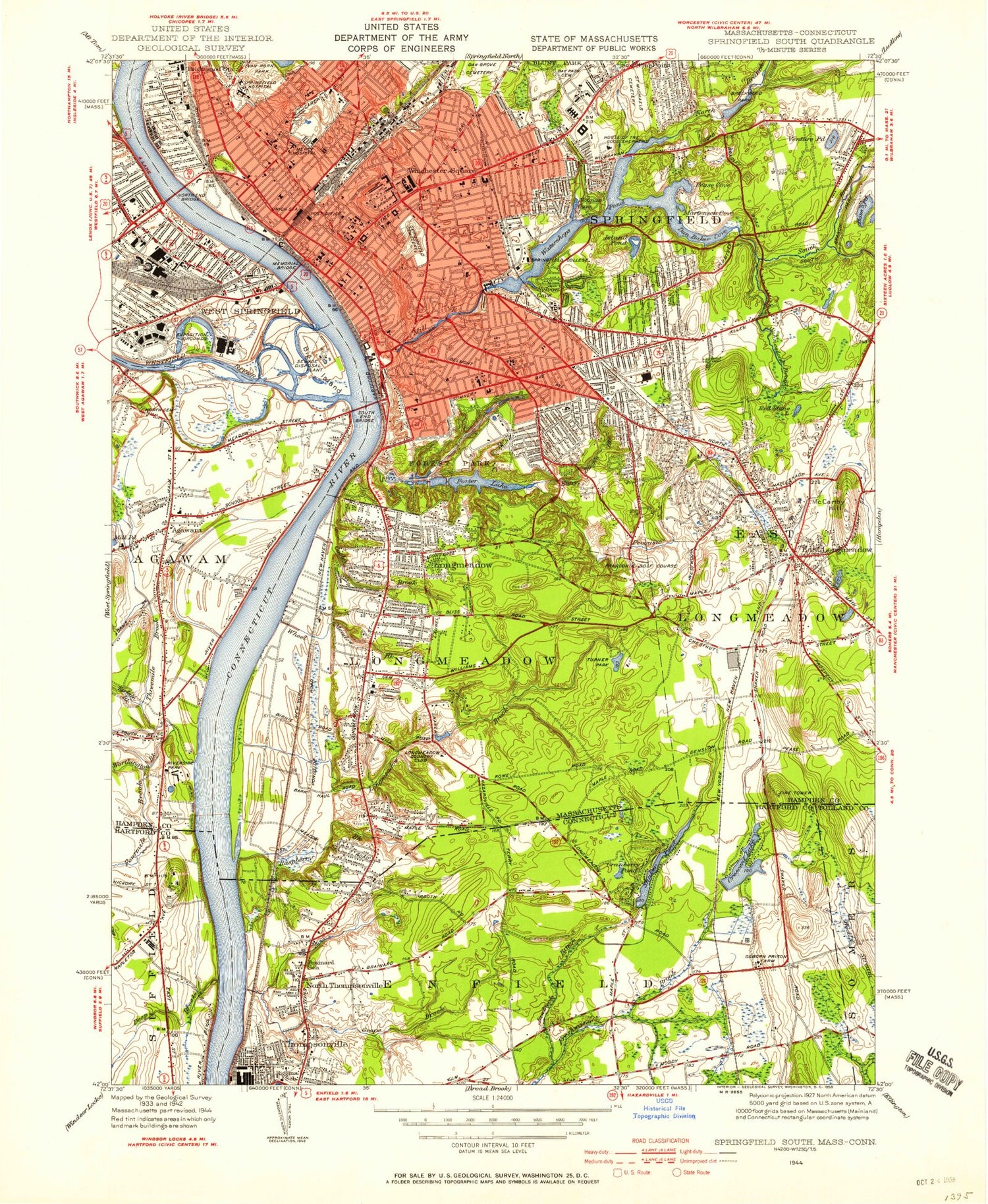 Classic USGS Springfield South Massachusetts 7.5'x7.5' Topo Map Image
