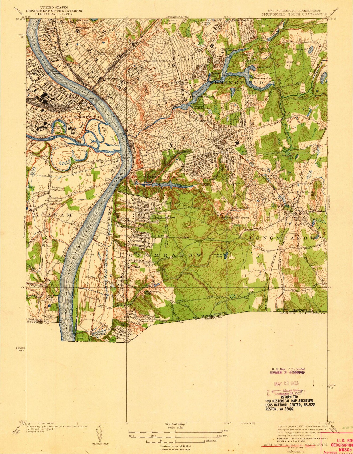 Classic USGS Springfield South Massachusetts 7.5'x7.5' Topo Map Image