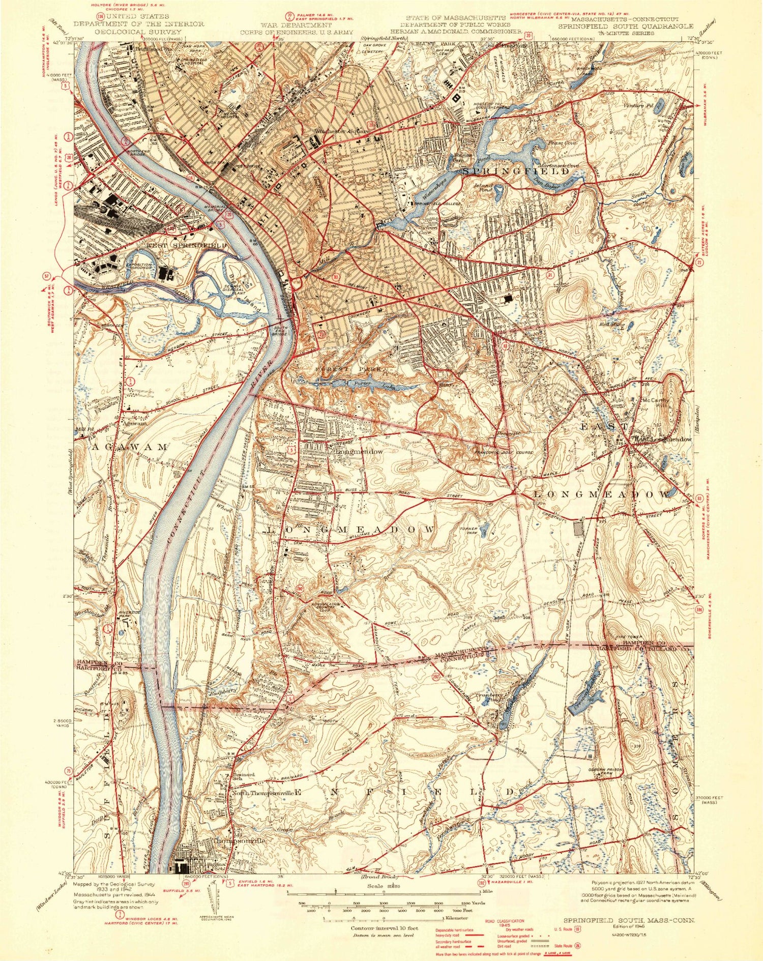 Classic USGS Springfield South Massachusetts 7.5'x7.5' Topo Map Image