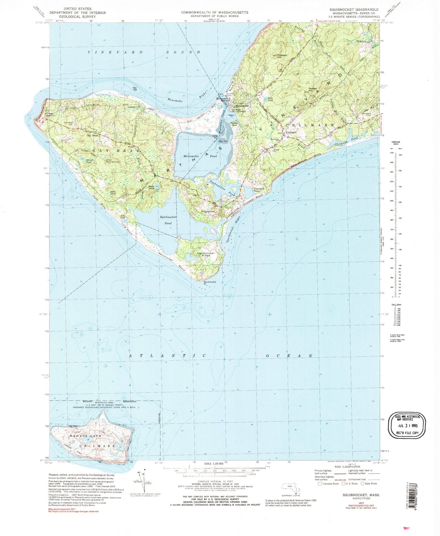 Classic USGS Squibnocket Massachusetts 7.5'x7.5' Topo Map Image